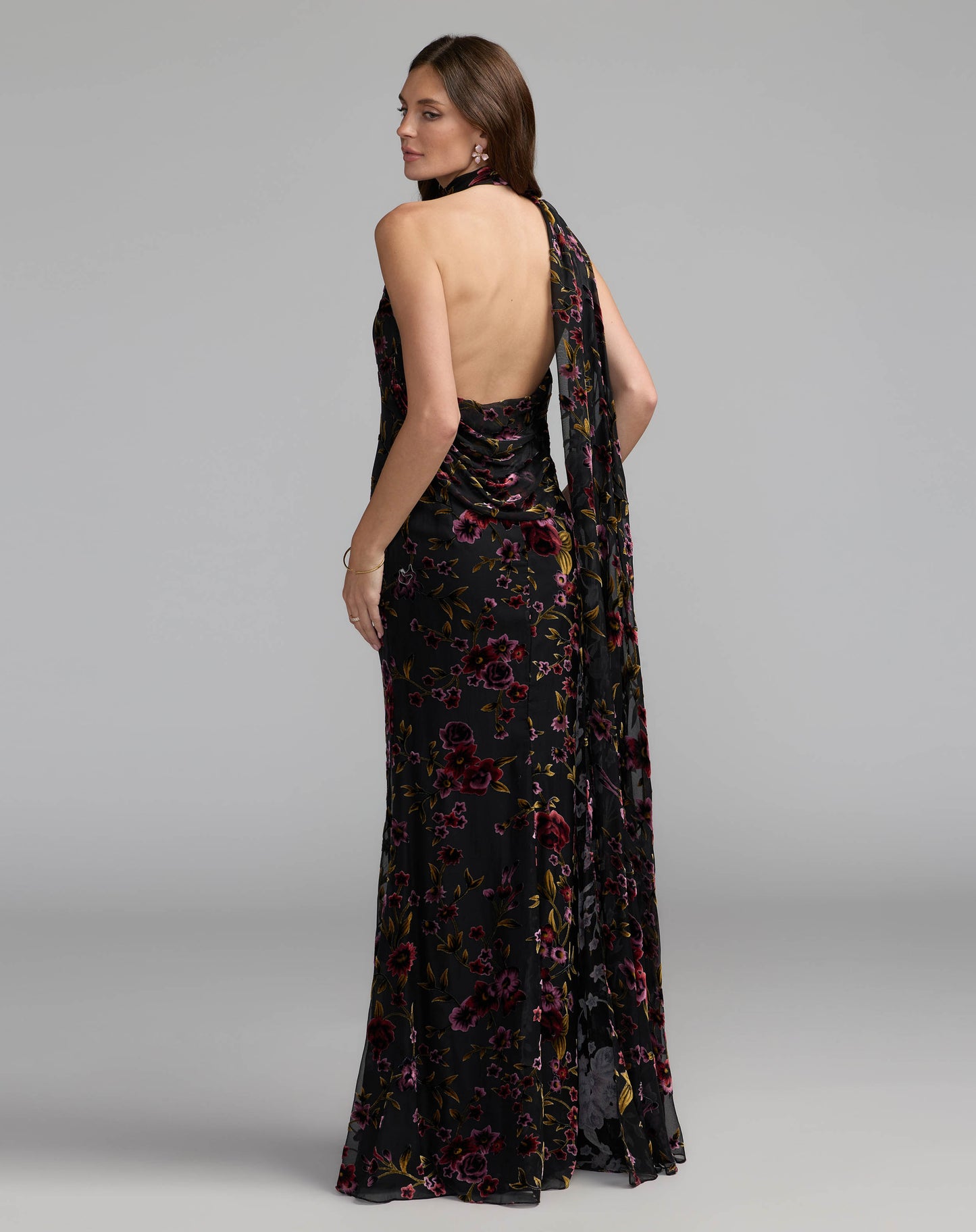 Black Floral Burnout Velvet Halter Gown Ieena for Mac Duggal