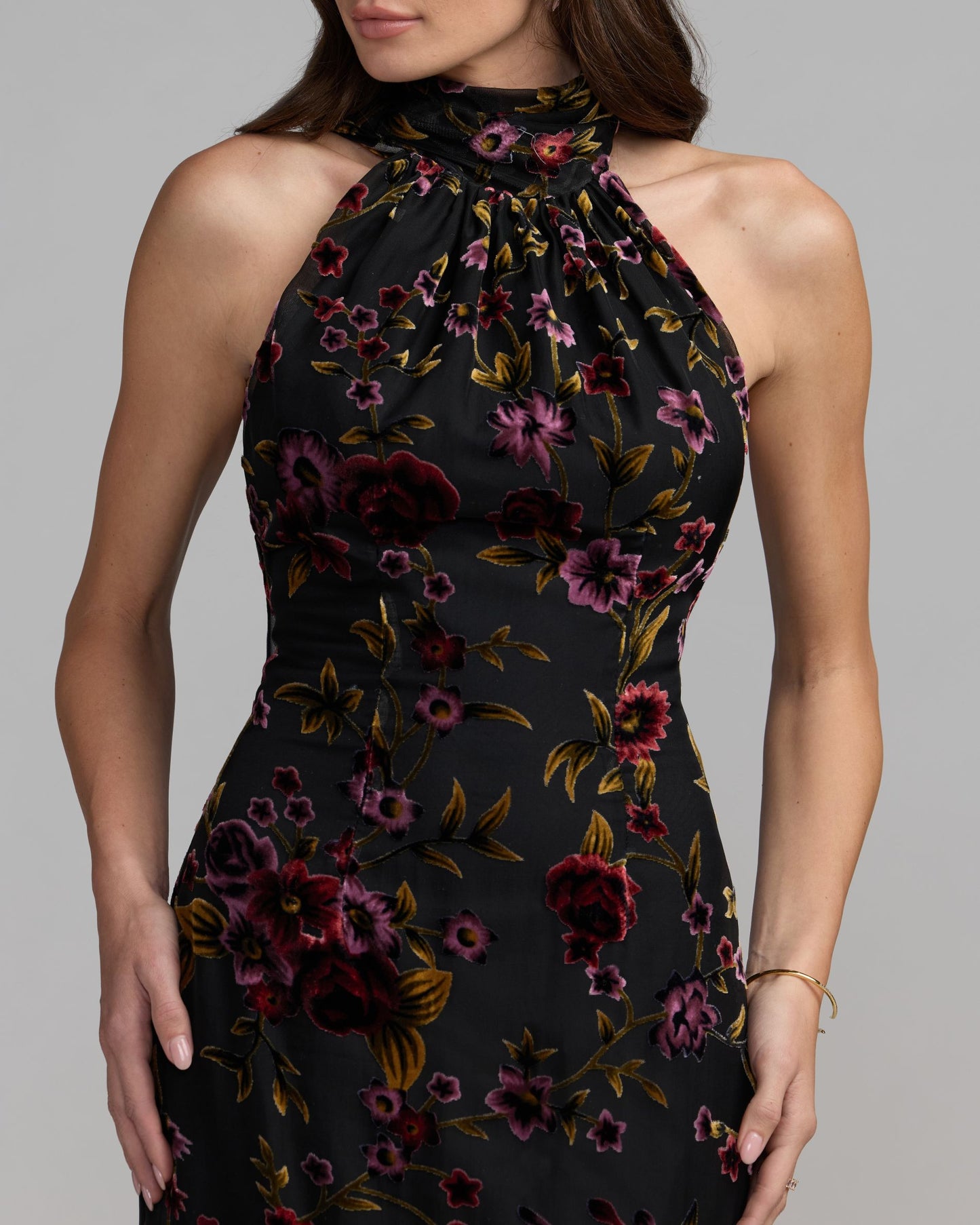 Black Floral Burnout Velvet Halter Gown Ieena for Mac Duggal