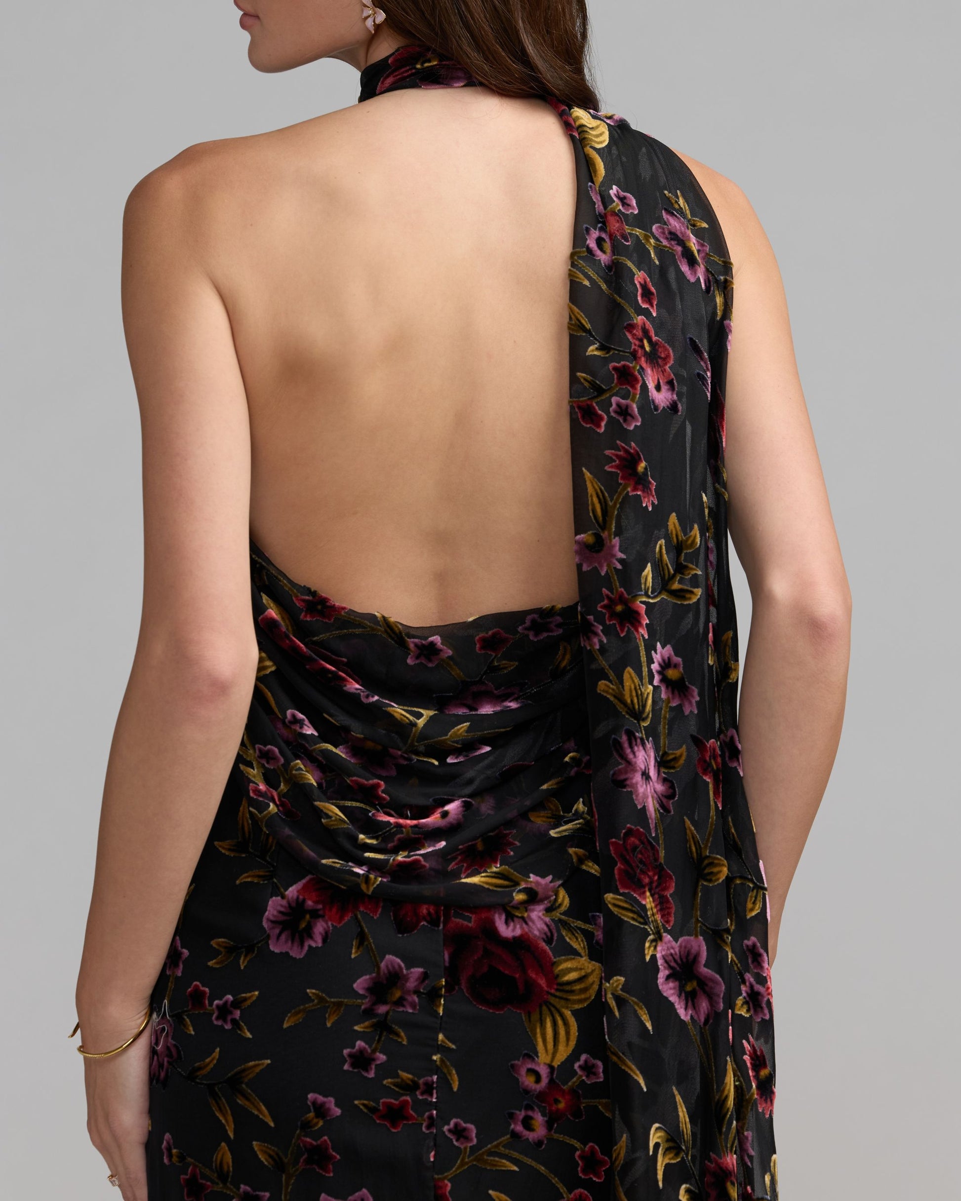 Black Floral Burnout Velvet Halter Gown Ieena for Mac Duggal