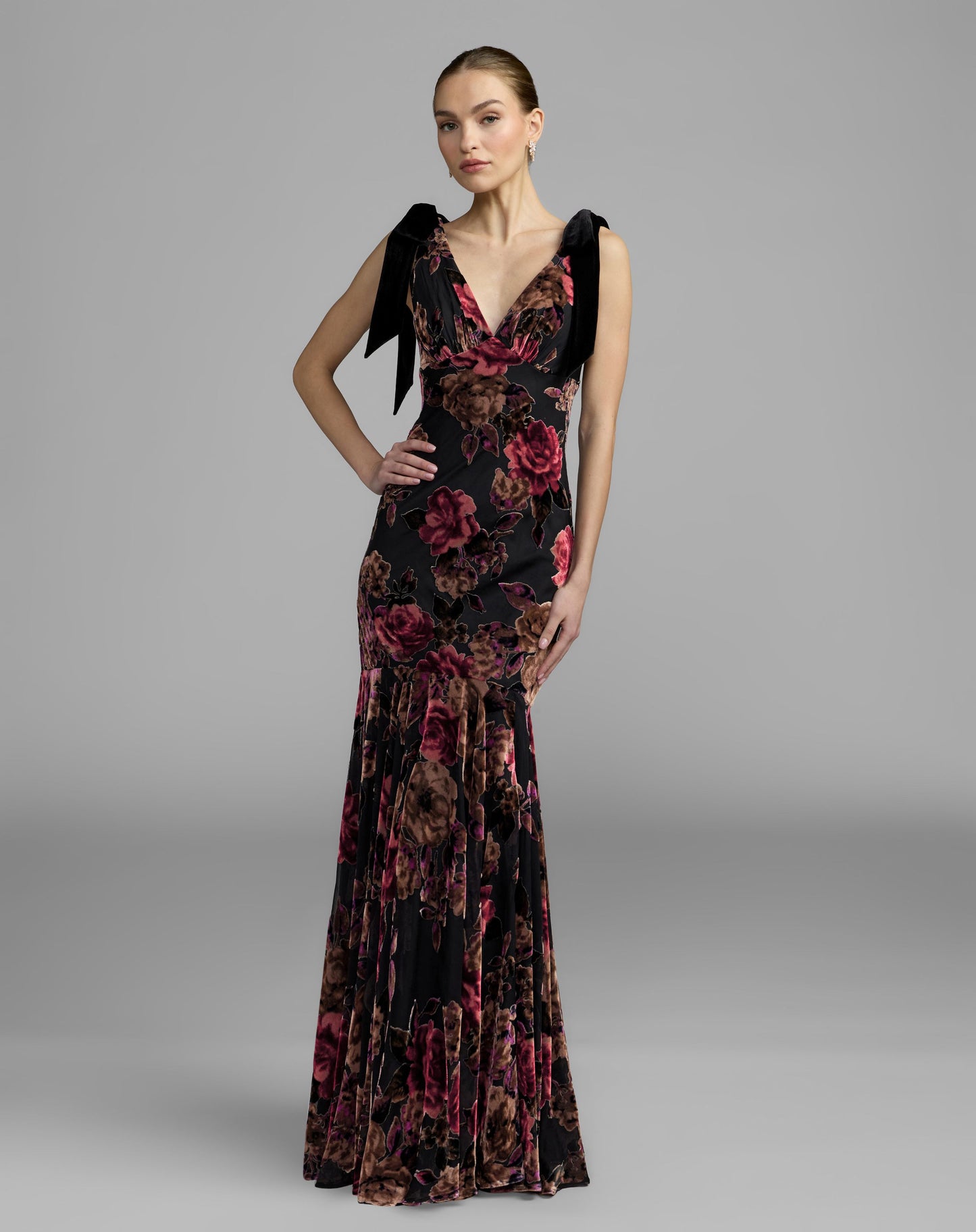 Multicolor Floral Velvet Mermaid Gown With Bows - Ieena for Mac Duggal 
