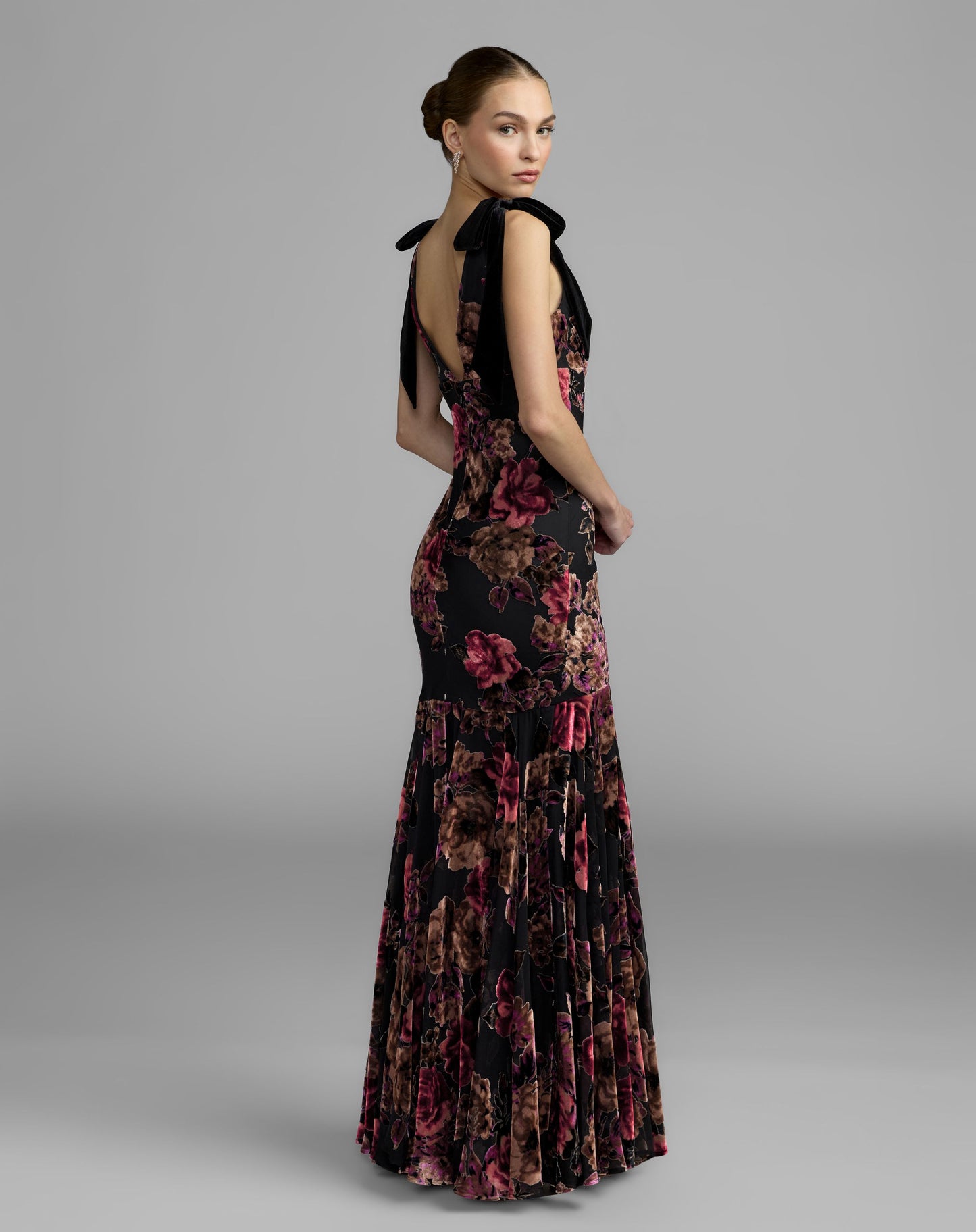 Multicolor Floral Velvet Mermaid Gown With Bows - Ieena for Mac Duggal 