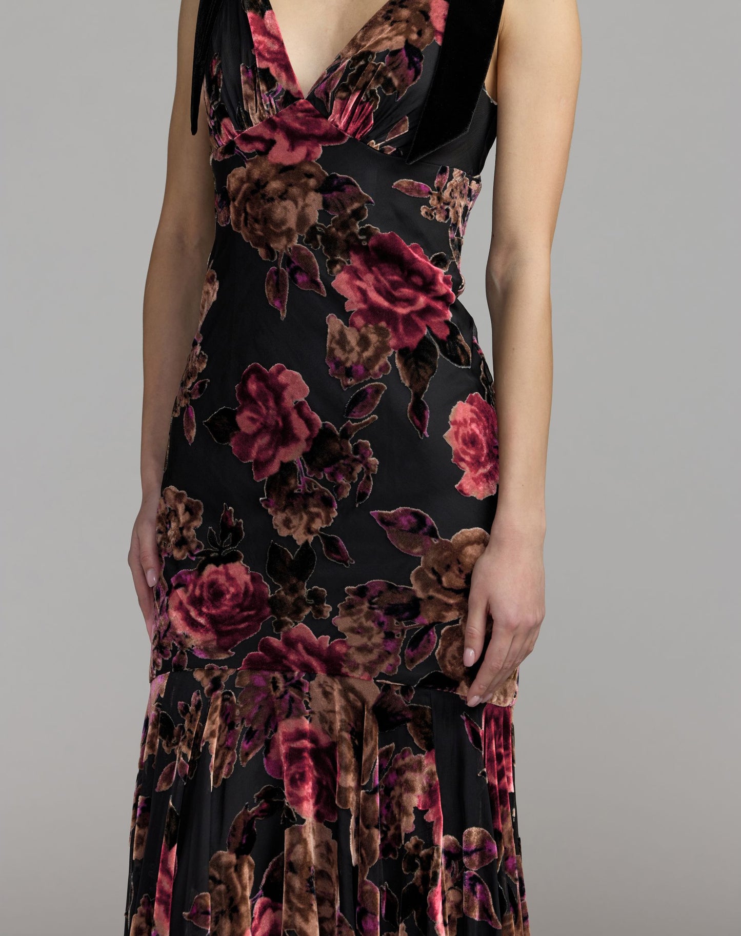 Multicolor Floral Velvet Mermaid Gown With Bows - Ieena for Mac Duggal 