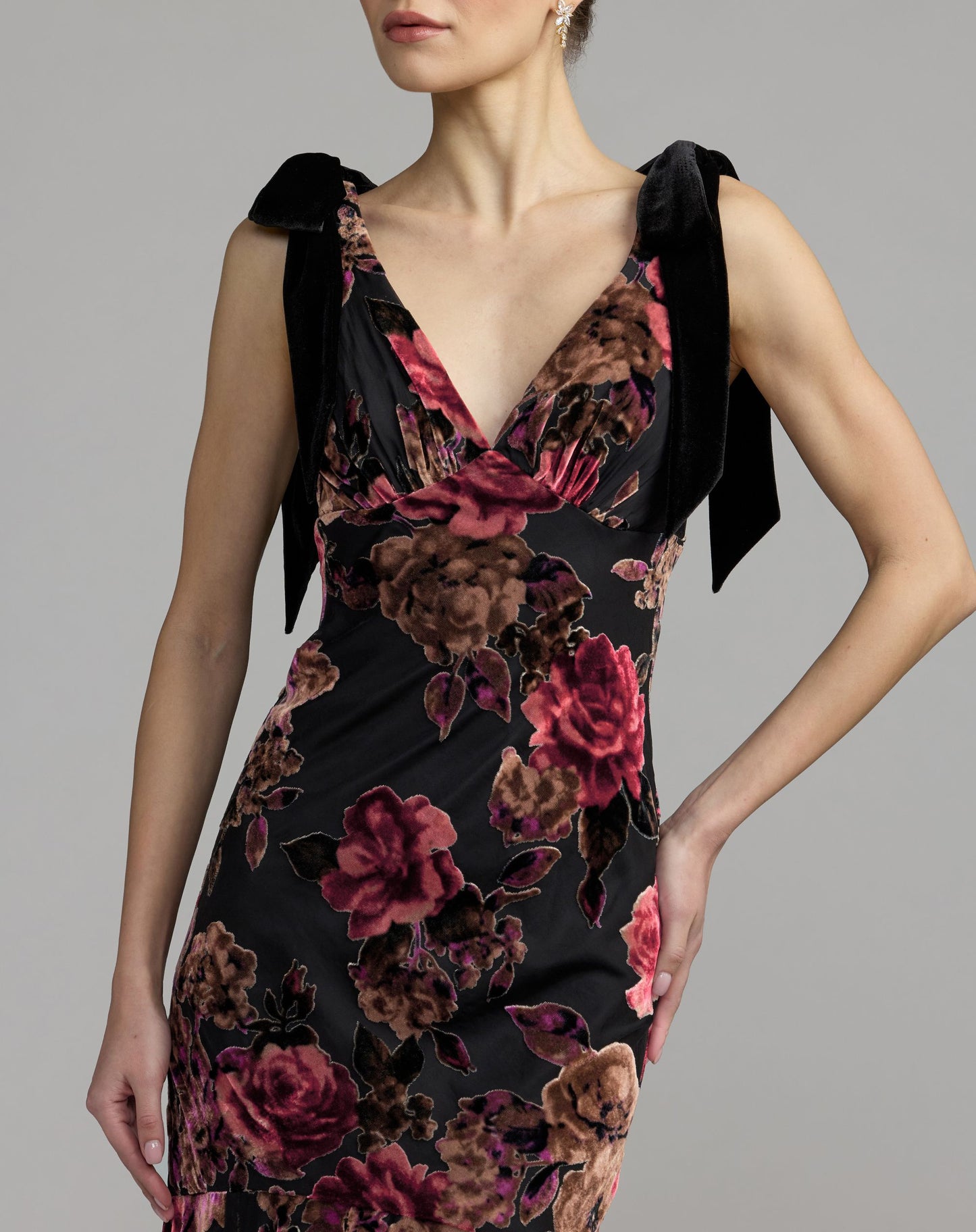 Multicolor Floral Velvet Mermaid Gown With Bows - Ieena for Mac Duggal 