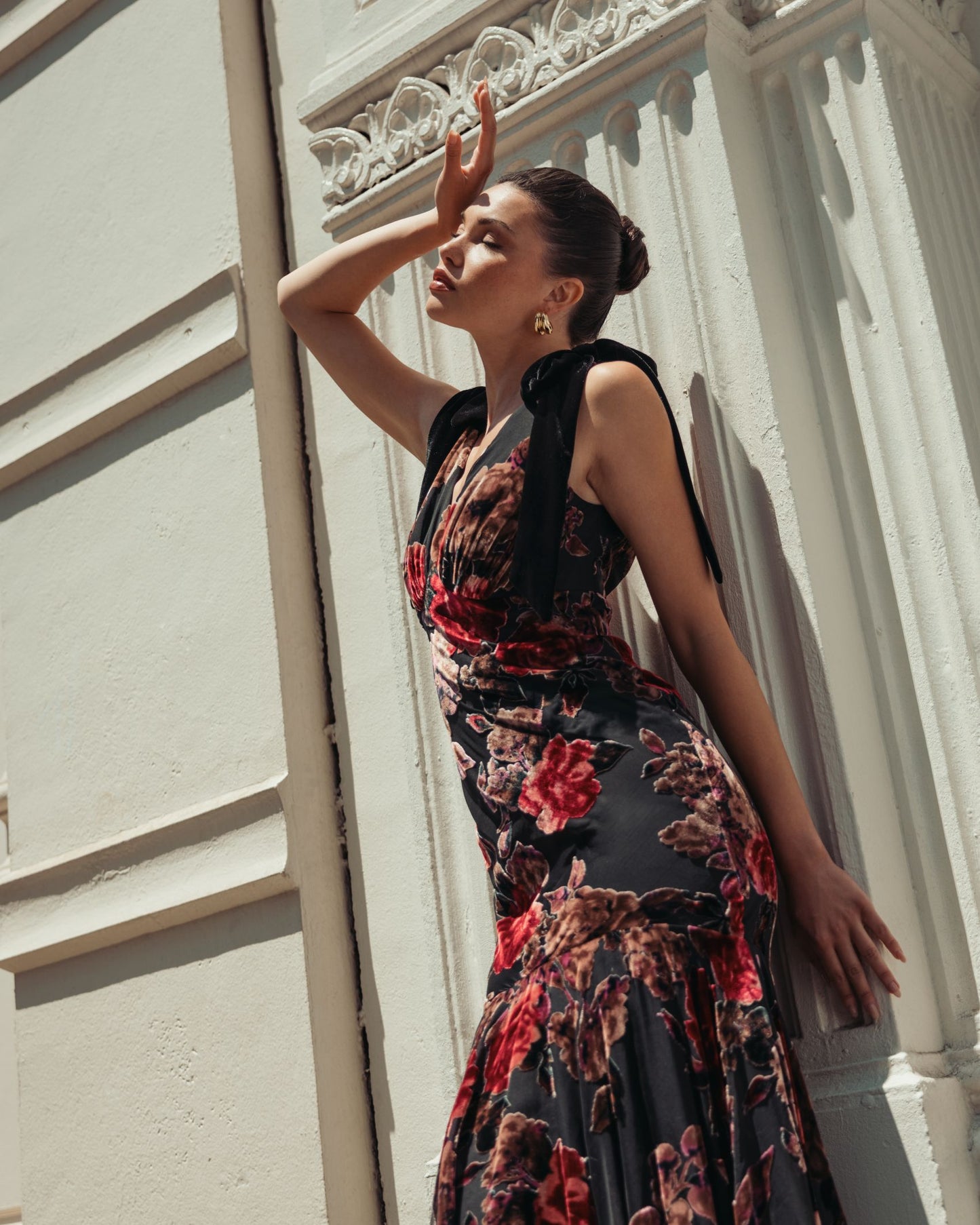 Multicolor Floral Velvet Mermaid Gown With Bows - Ieena for Mac Duggal 