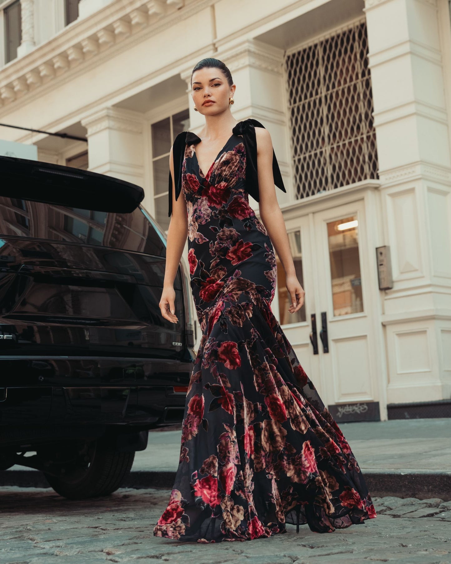 Multicolor Floral Velvet Mermaid Gown With Bows - Ieena for Mac Duggal 