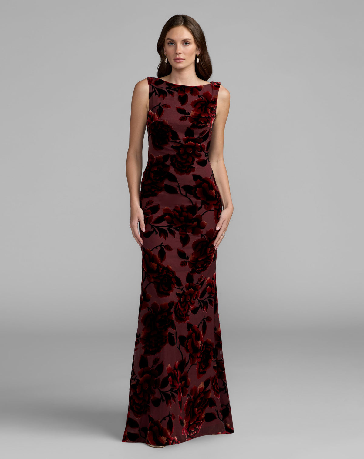 Burgundy Sleeveless Cowl Back Velvet Gown - Ieena for Mac Duggal