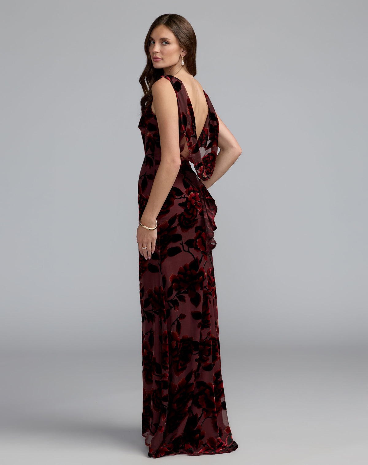 Burgundy Sleeveless Cowl Back Velvet Gown - Ieena for Mac Duggal