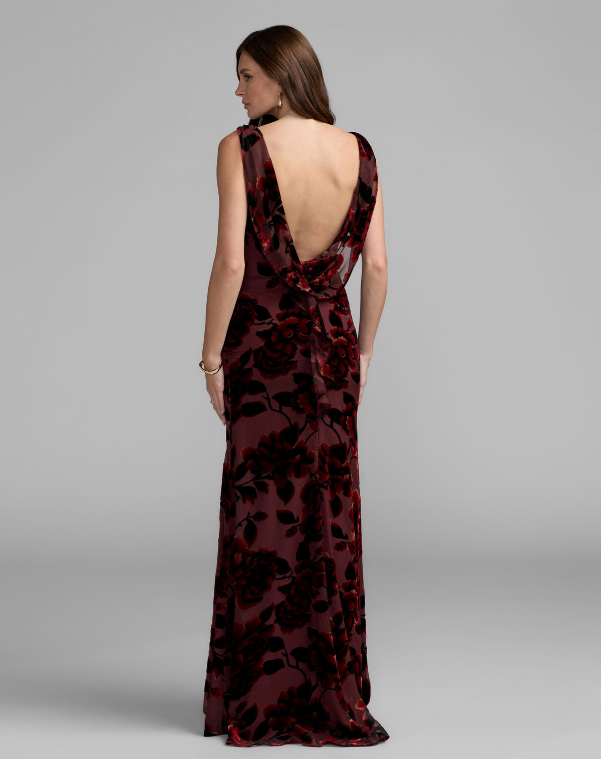 Burgundy Sleeveless Cowl Back Velvet Gown - Ieena for Mac Duggal