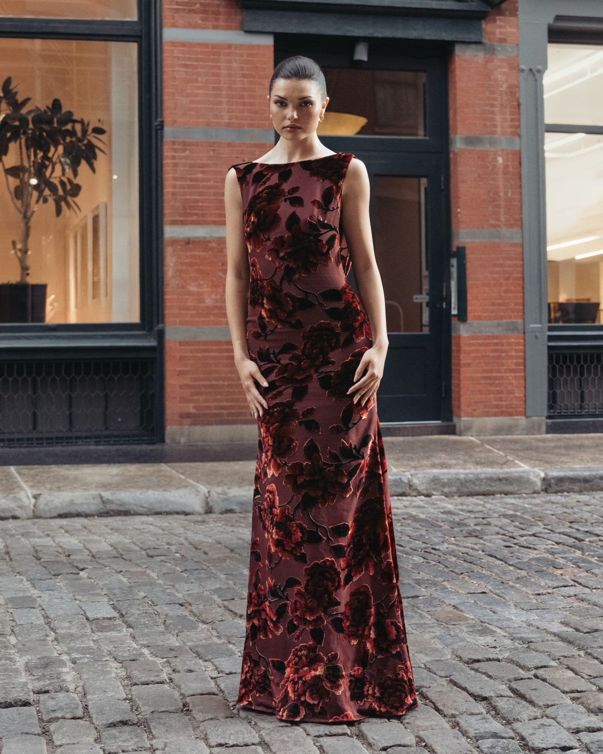 Burgundy Sleeveless Cowl Back Velvet Gown - Ieena for Mac Duggal
