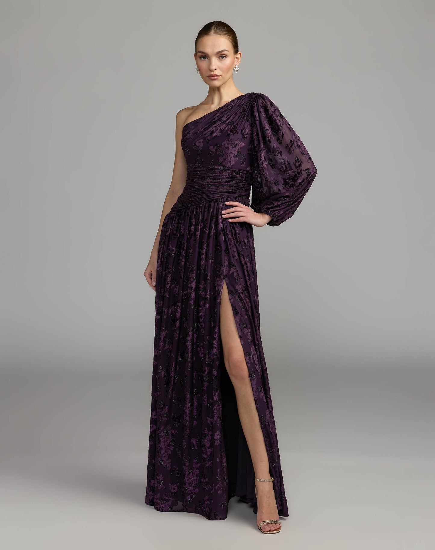 Deep Purple One Shoulder Burnout Velvet Gown Ieena for Mac Duggal