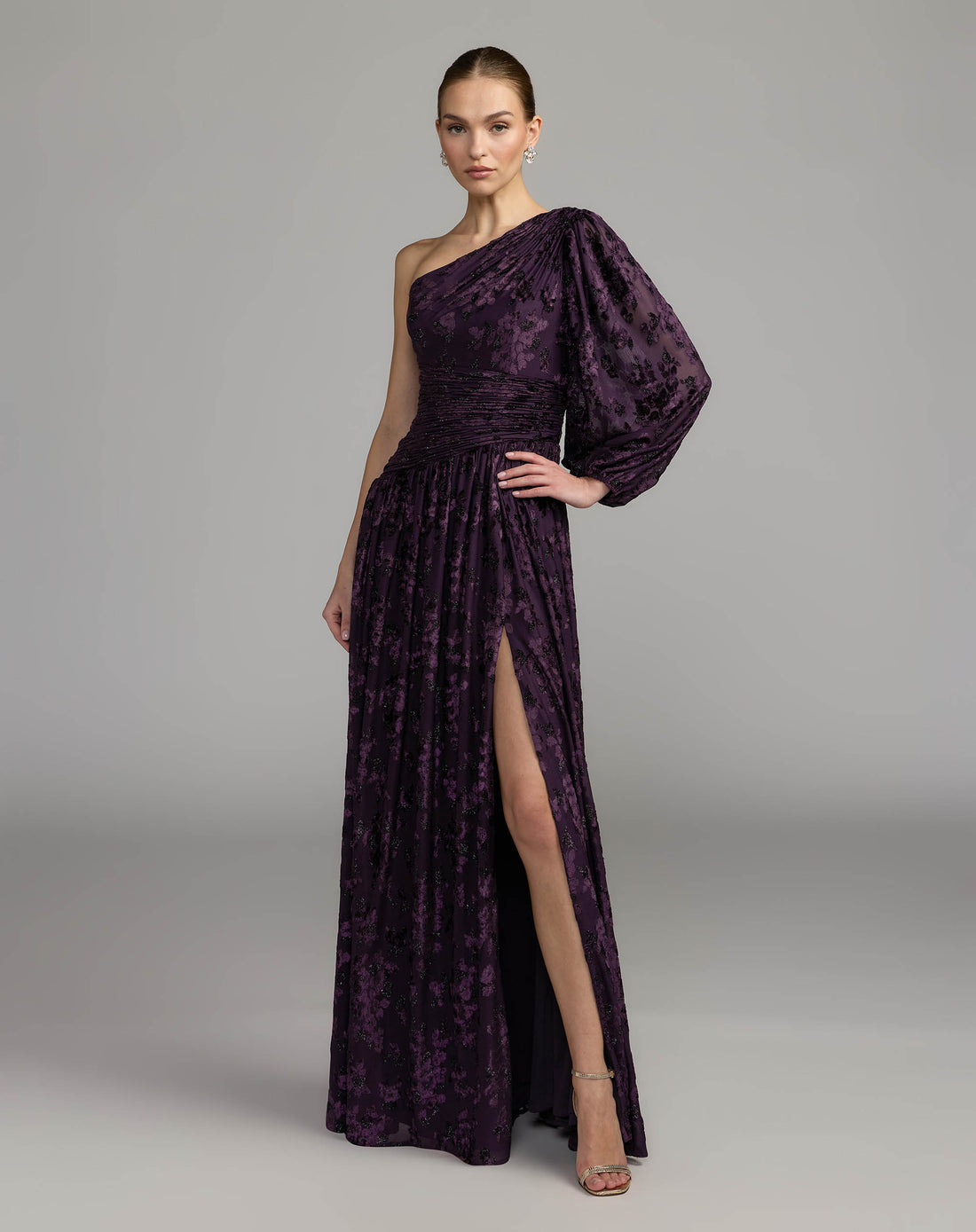 Deep Purple One Shoulder Burnout Velvet Gown Ieena for Mac Duggal