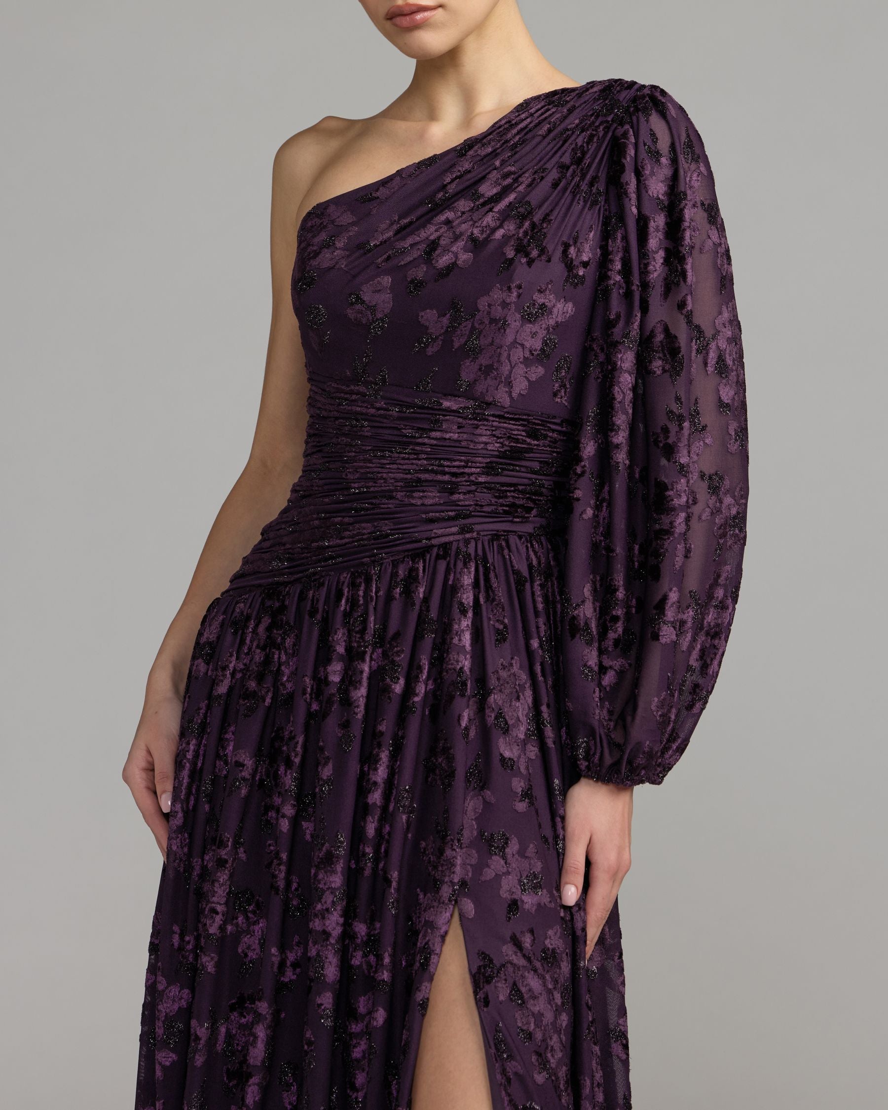 Deep Purple One Shoulder Burnout Velvet Gown Ieena for Mac Duggal