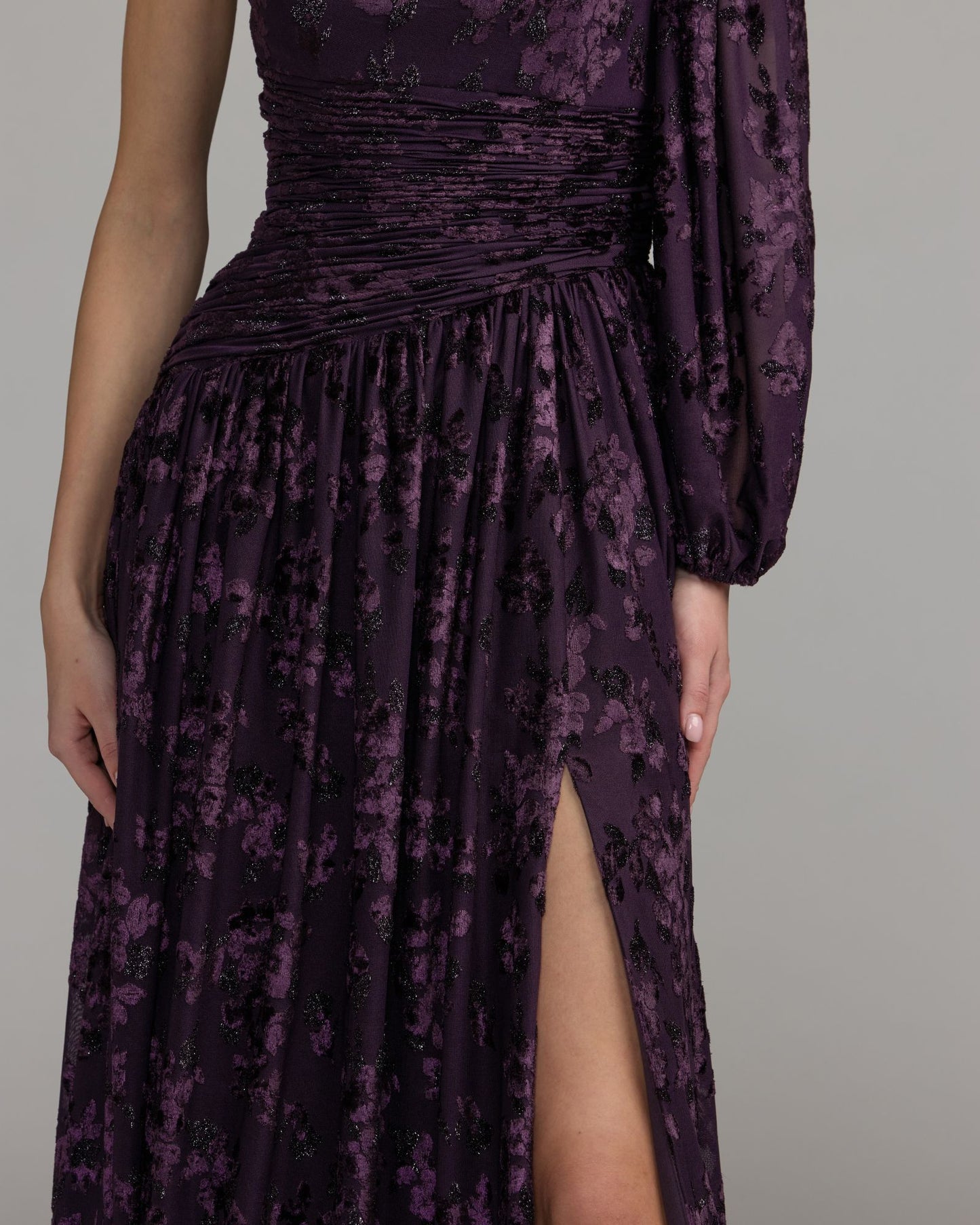 Deep Purple One Shoulder Burnout Velvet Gown Ieena for Mac Duggal