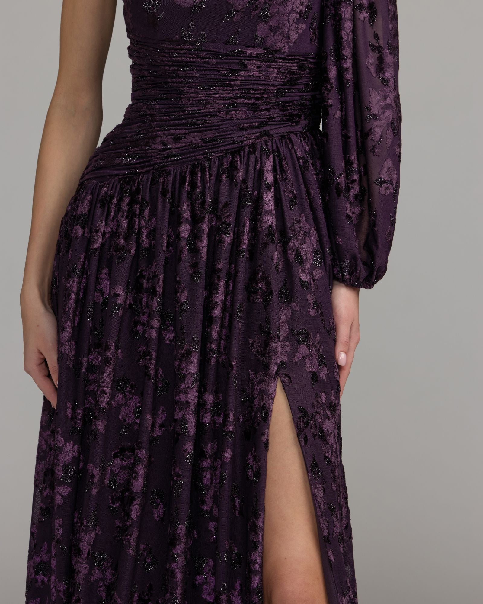 Deep Purple One Shoulder Burnout Velvet Gown Ieena for Mac Duggal