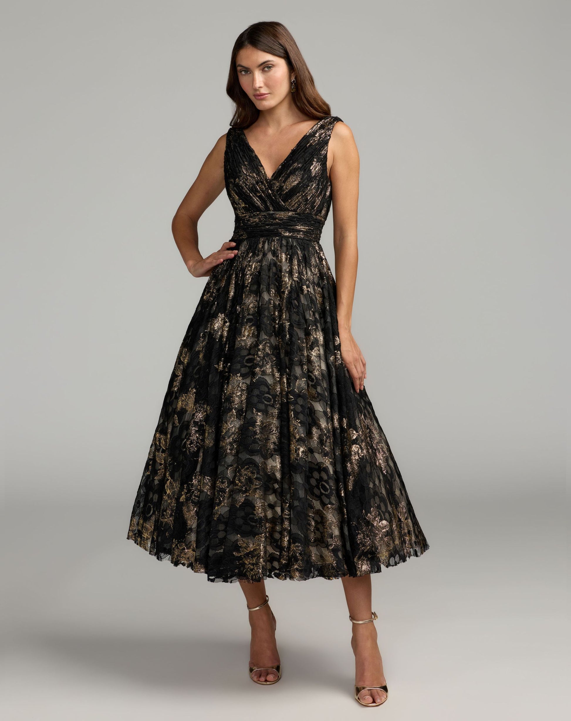 Black Metallic Lace Sleeveless V-Neck Midi Dress - Ieena for Mac Duggal