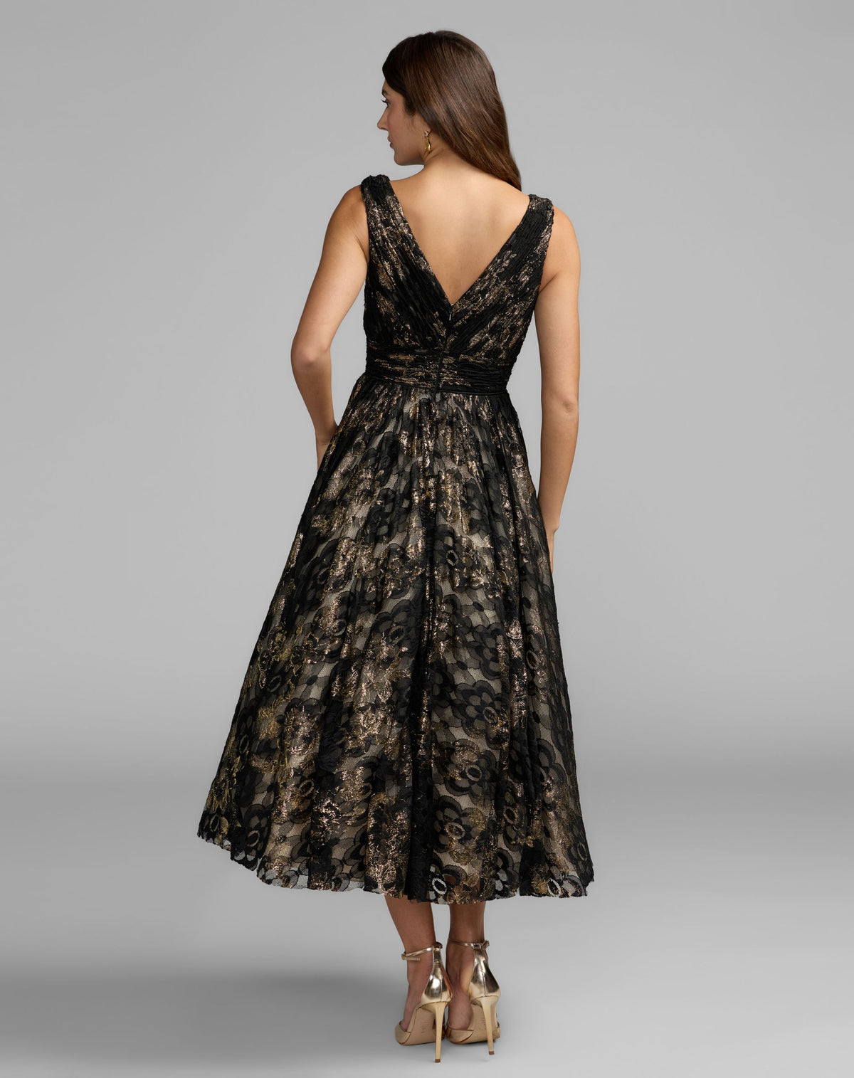 Black Metallic Lace Sleeveless V-Neck Midi Dress - Ieena for Mac Duggal