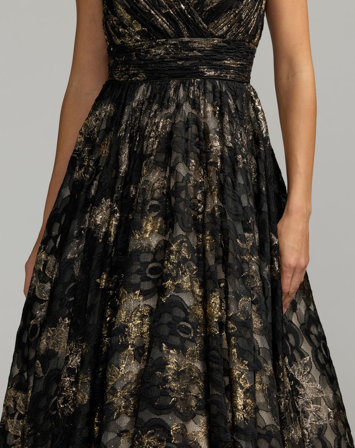Black Metallic Lace Sleeveless V-Neck Midi Dress - Ieena for Mac Duggal
