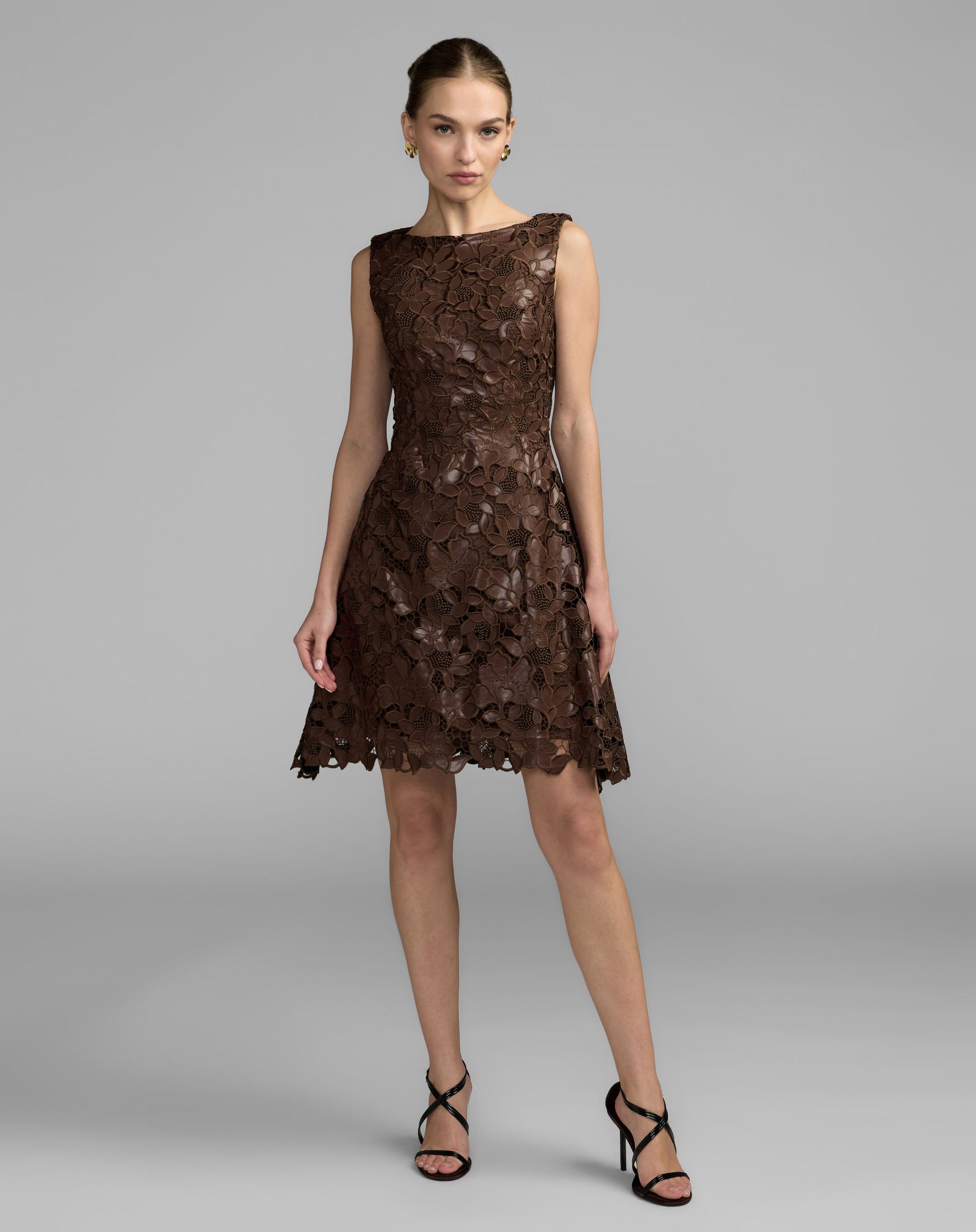 Brown Floral Embroidered Leather Mini Dress - Ieena for Mac Duggal