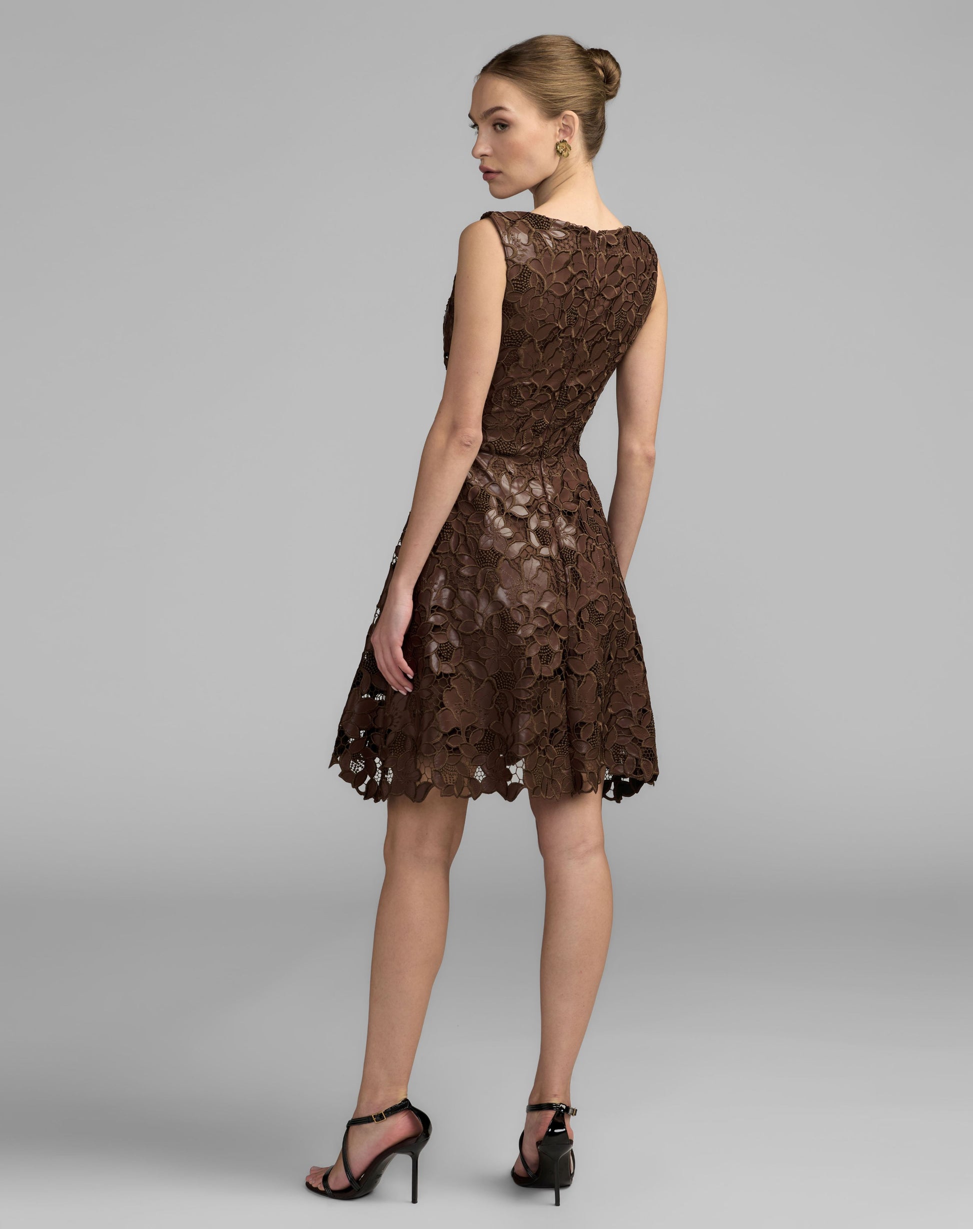 Brown Floral Embroidered Leather Mini Dress - Ieena for Mac Duggal