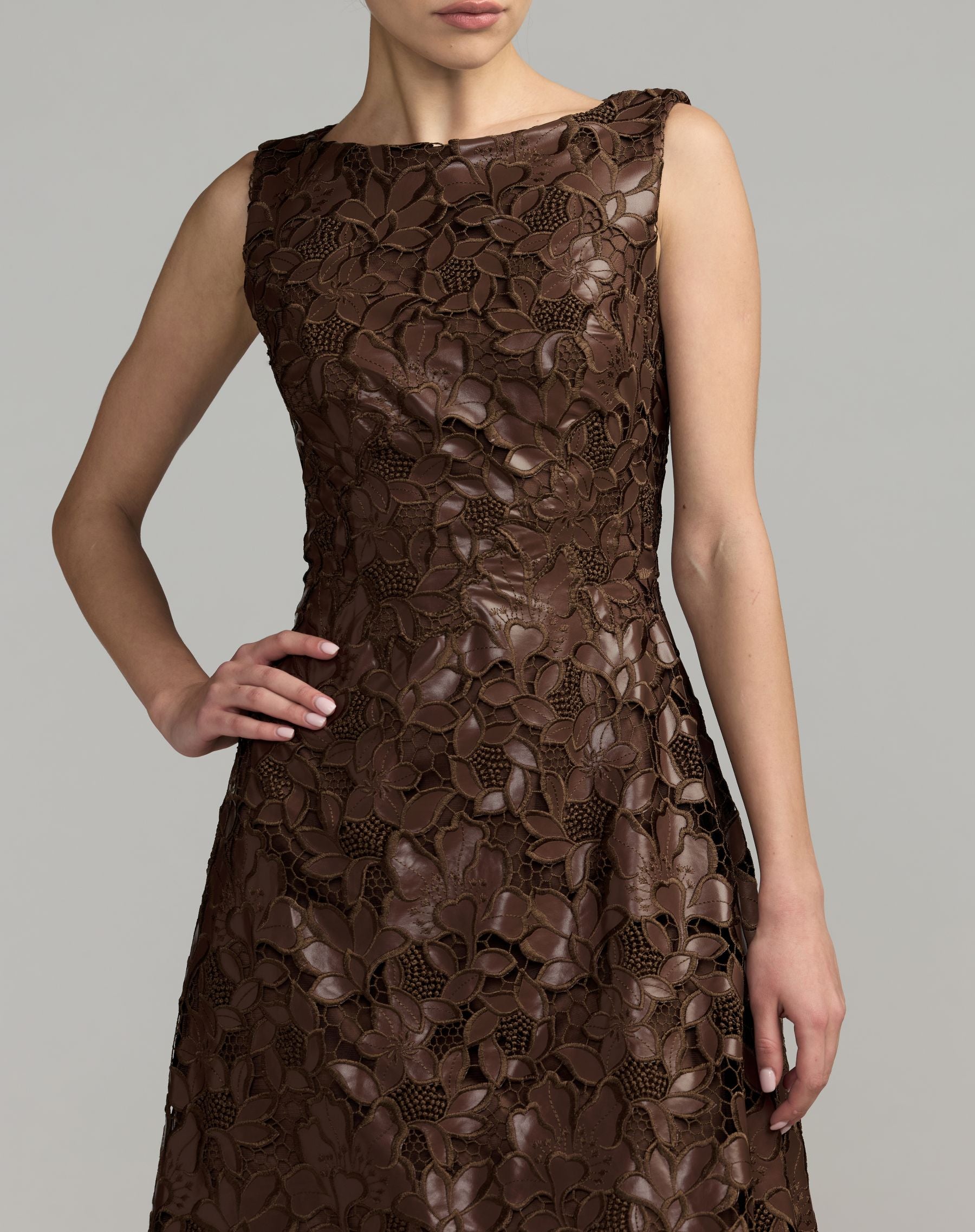 Brown Floral Embroidered Leather Mini Dress - Ieena for Mac Duggal