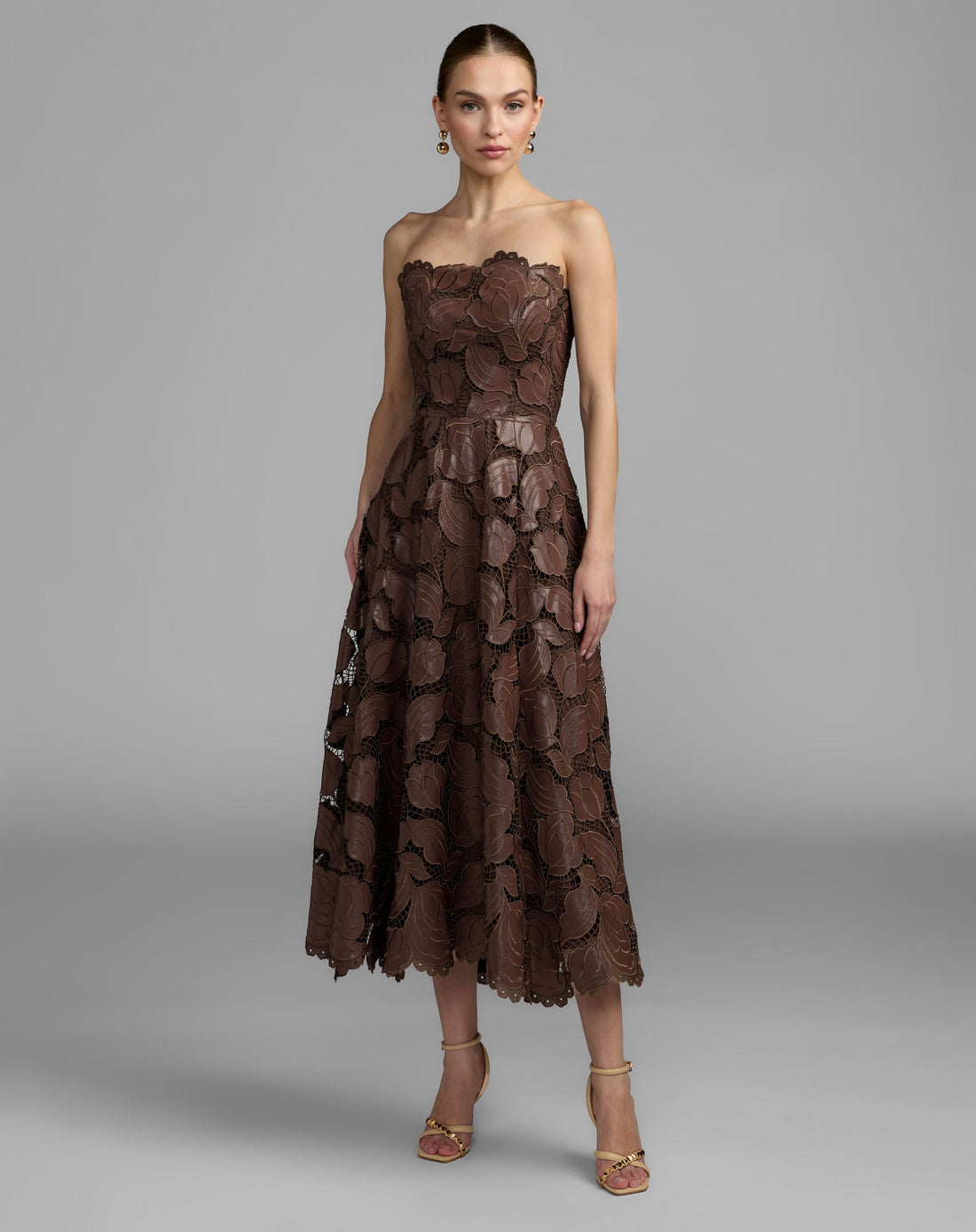 Brown Strapless Floral Leather A-Line Midi Dress - Ieena for Mac Duggal