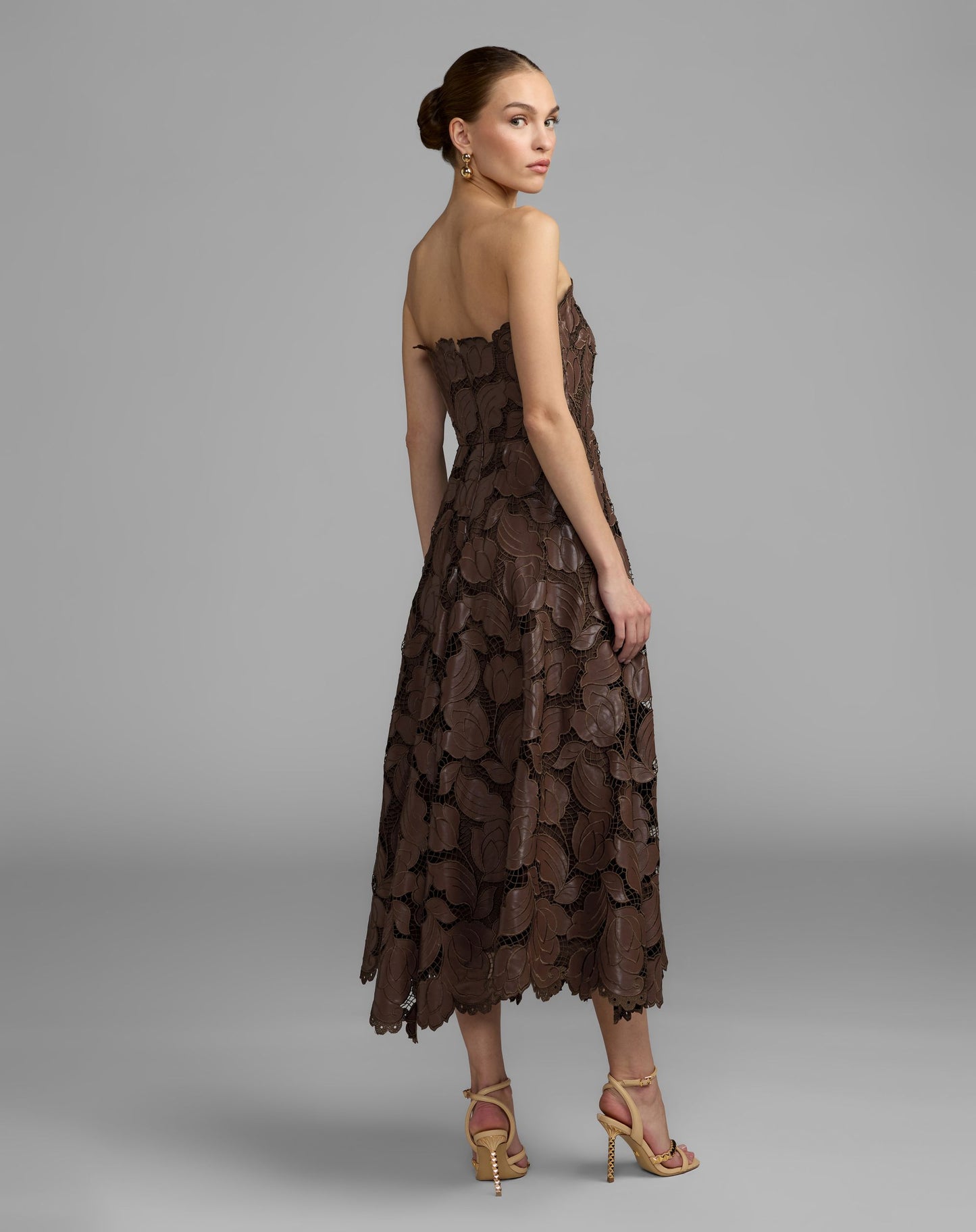 Brown Strapless Floral Leather A-Line Midi Dress - Ieena for Mac Duggal