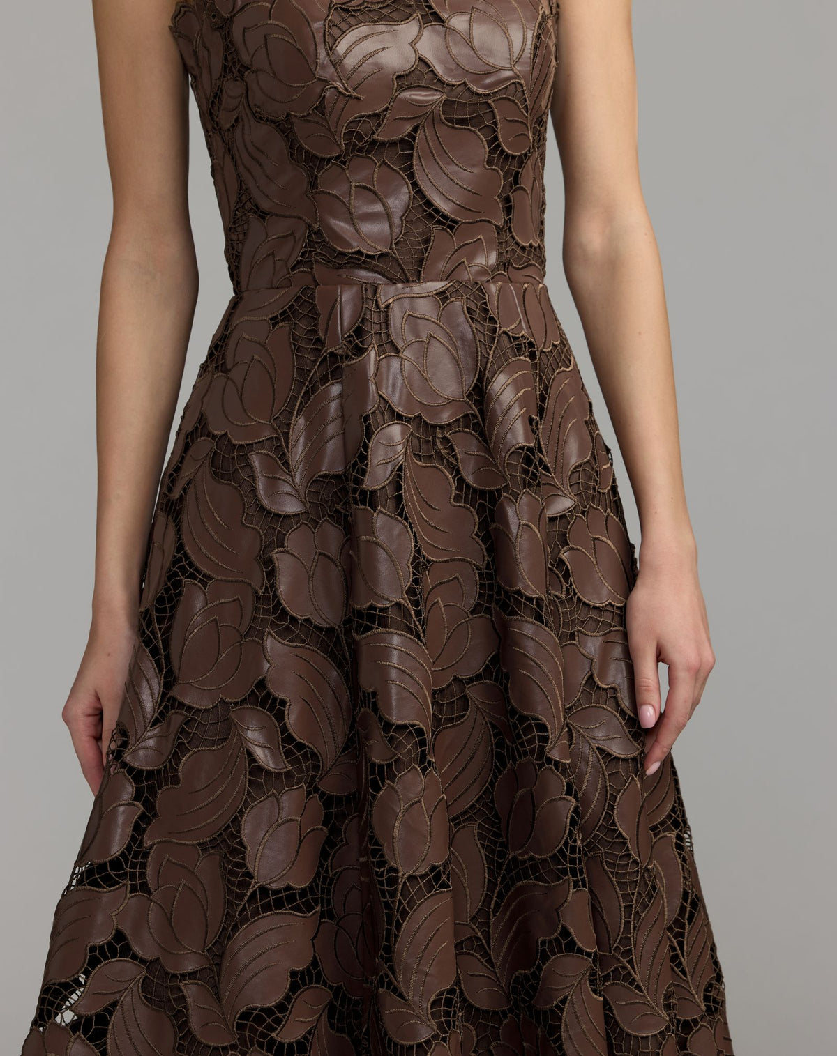 Brown Strapless Floral Leather A-Line Midi Dress - Ieena for Mac Duggal