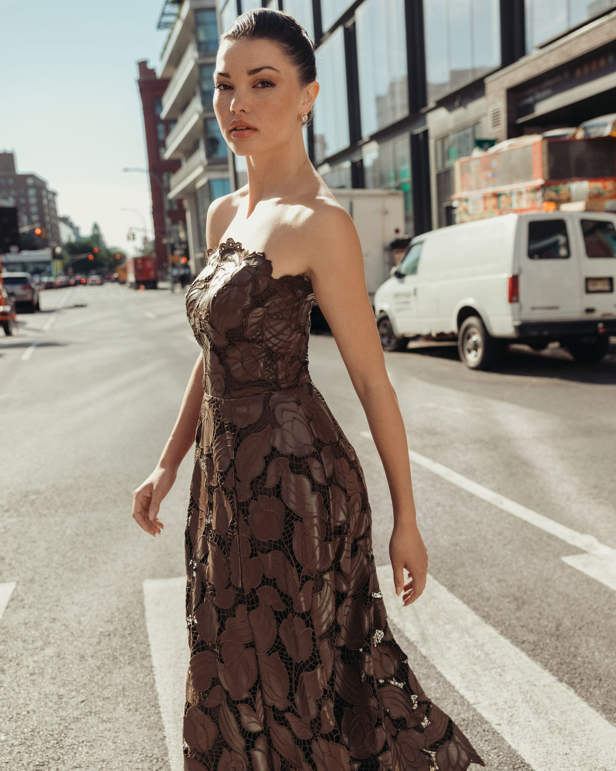 Brown Strapless Floral Leather A-Line Midi Dress - Ieena for Mac Duggal