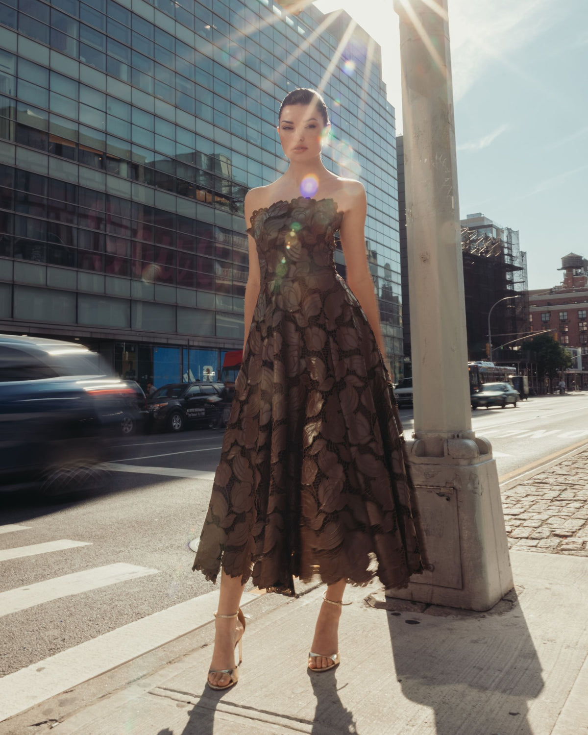 Brown Strapless Floral Leather A-Line Midi Dress - Ieena for Mac Duggal