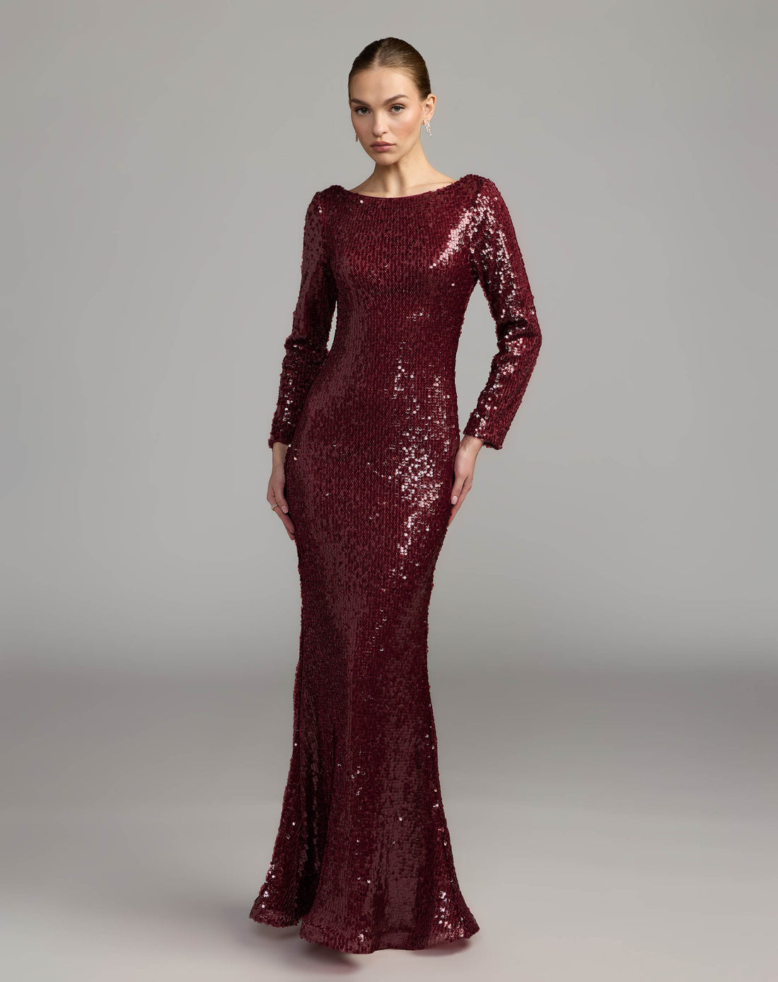 Ruby Long Sleeve Cowl Back Sequin Gown - Ieena for Mac Duggal