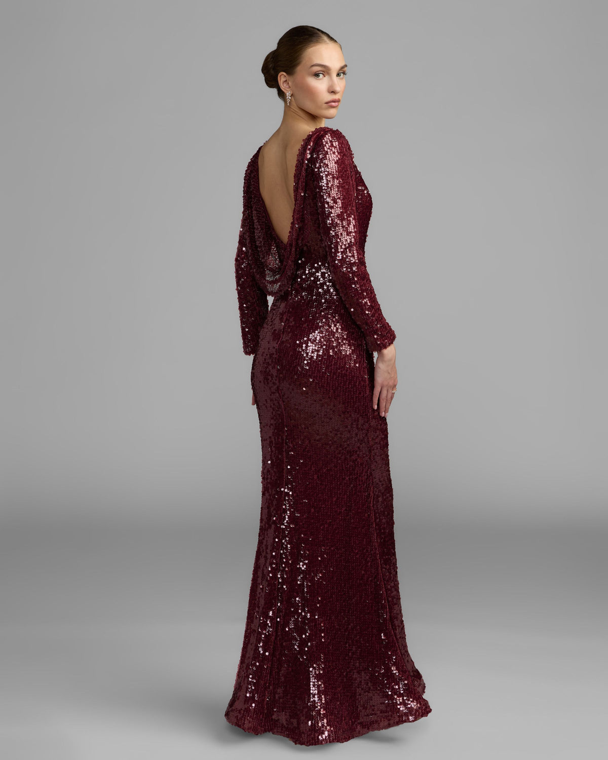 Ruby Long Sleeve Cowl Back Sequin Gown - Ieena for Mac Duggal