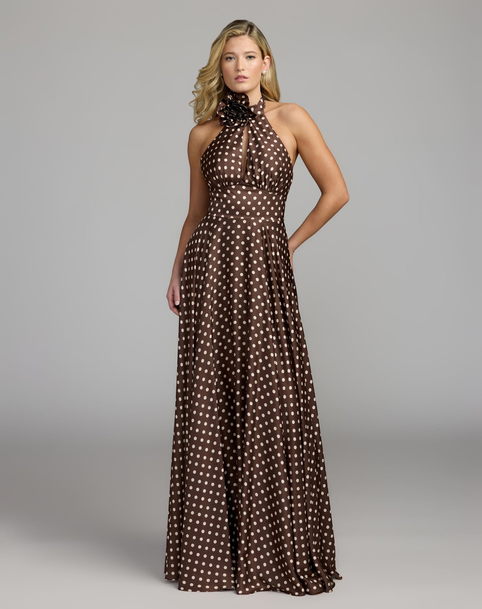 Brown Polka Dot A-Line Halter Gown With Rosette - Ieena for Mac Duggal
