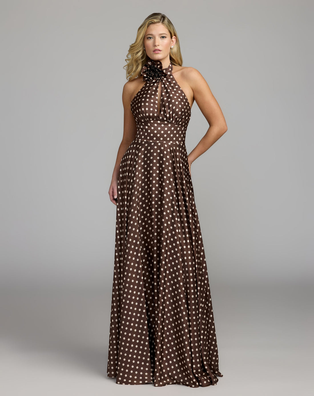 Brown Polka Dot A-Line Halter Gown With Rosette - Ieena for Mac Duggal