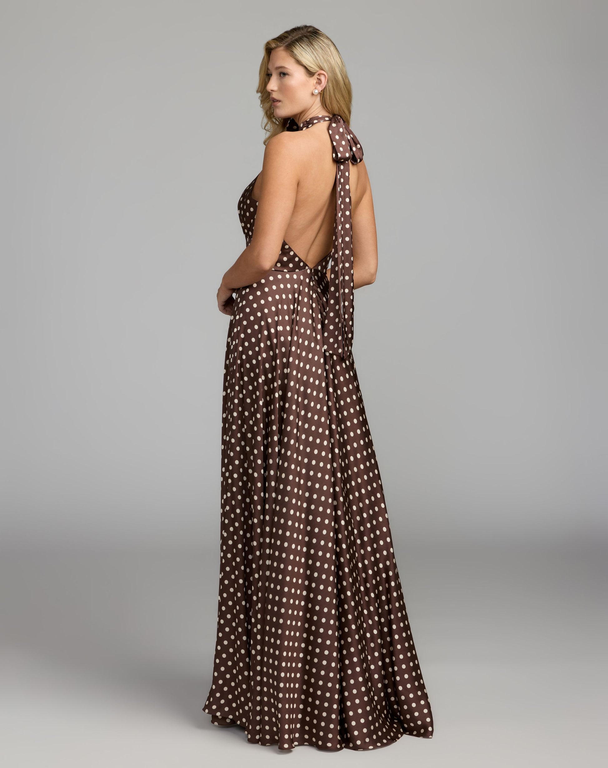 Brown Polka Dot A-Line Halter Gown With Rosette - Ieena for Mac Duggal