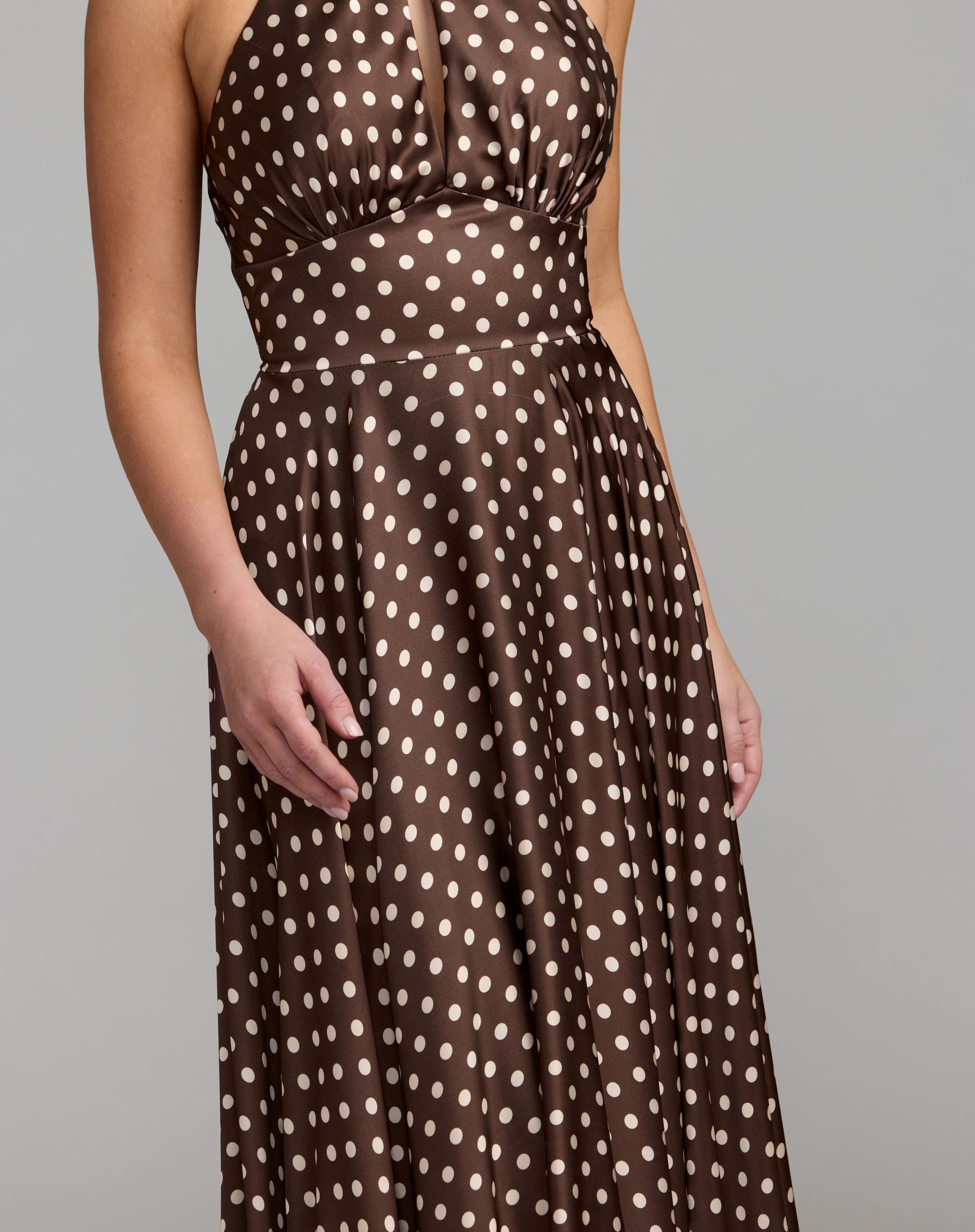 Brown Polka Dot A-Line Halter Gown With Rosette - Ieena for Mac Duggal