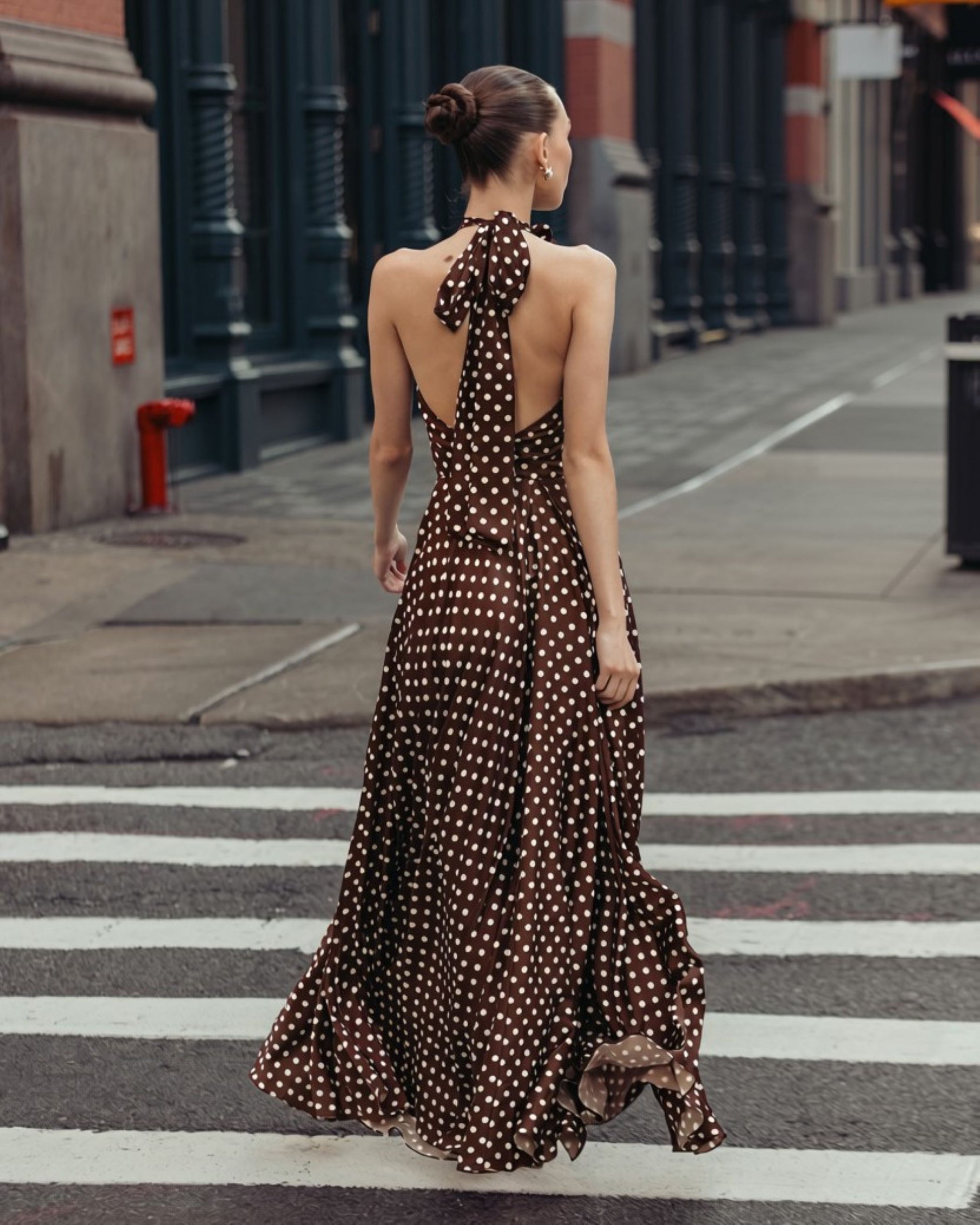 Brown Polka Dot A-Line Halter Gown With Rosette - Ieena for Mac Duggal