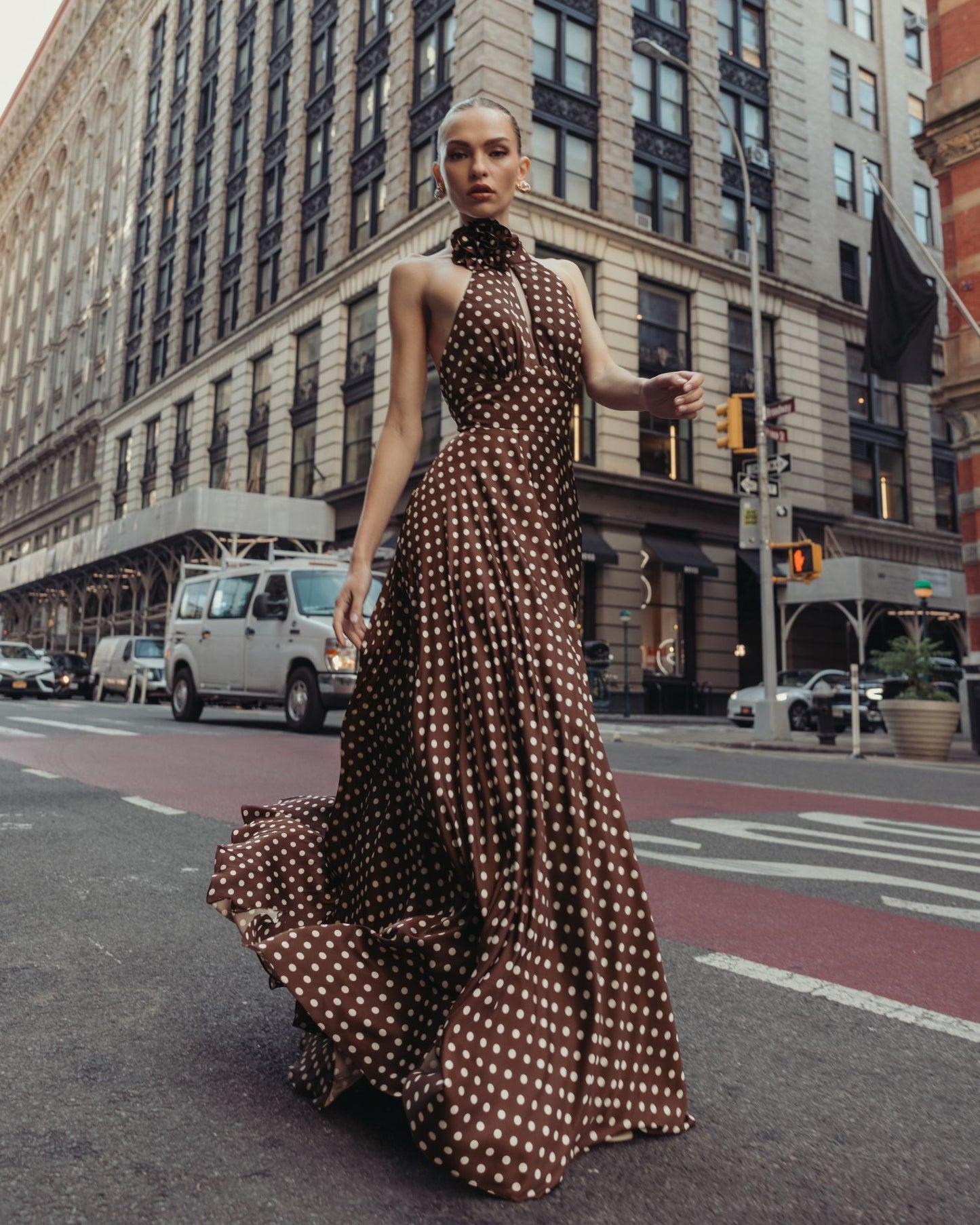 Brown Polka Dot A-Line Halter Gown With Rosette - Ieena for Mac Duggal