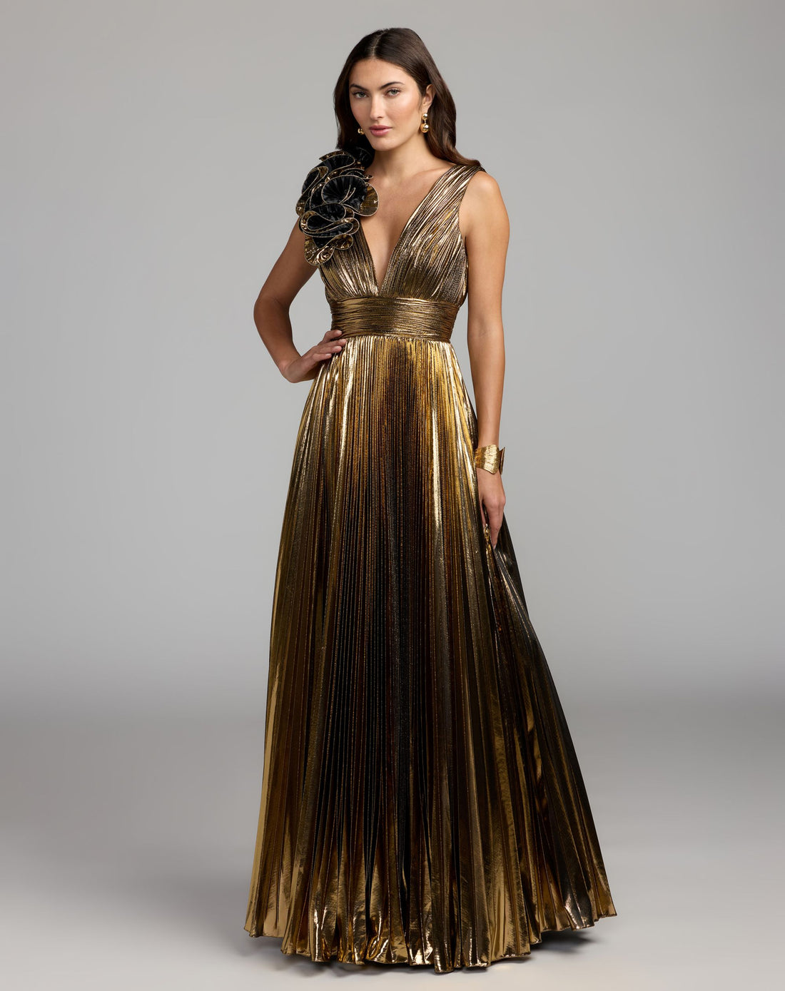 Gold Metallic Sleeveless V-Neck Gown With Ruffle Detail - Ieena for Mac Duggal