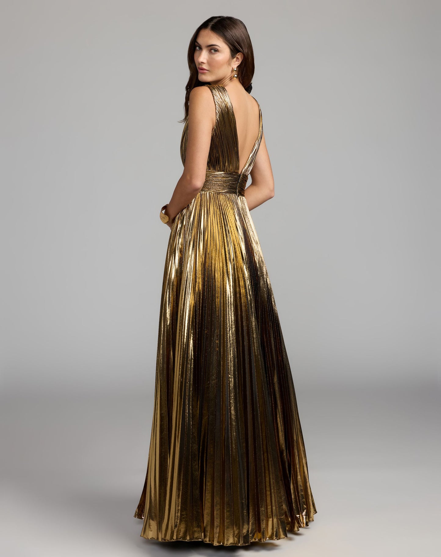 Gold Metallic Sleeveless V-Neck Gown With Ruffle Detail - Ieena for Mac Dugga