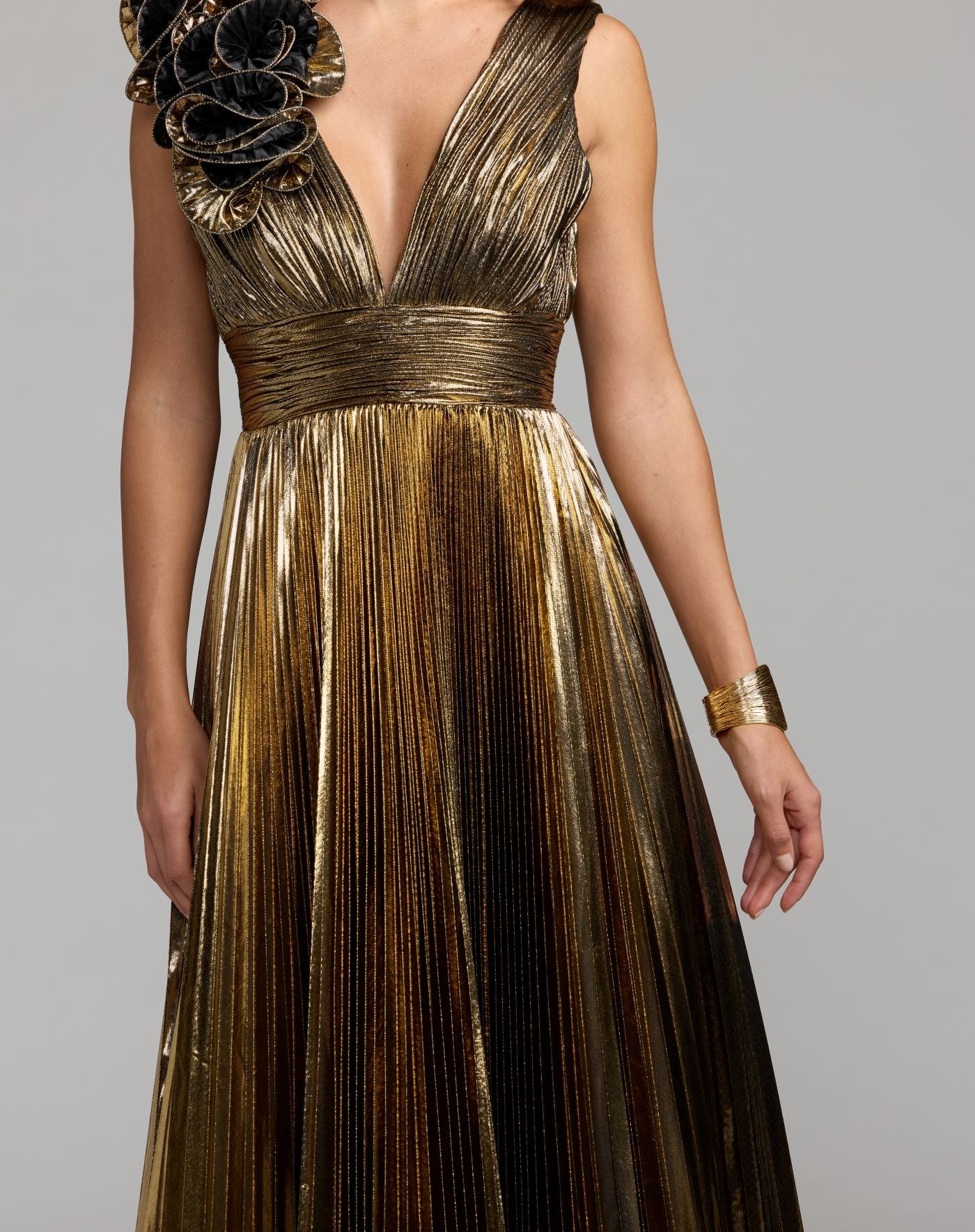 Gold Metallic Sleeveless V-Neck Gown With Ruffle Detail - Ieena for Mac Dugga