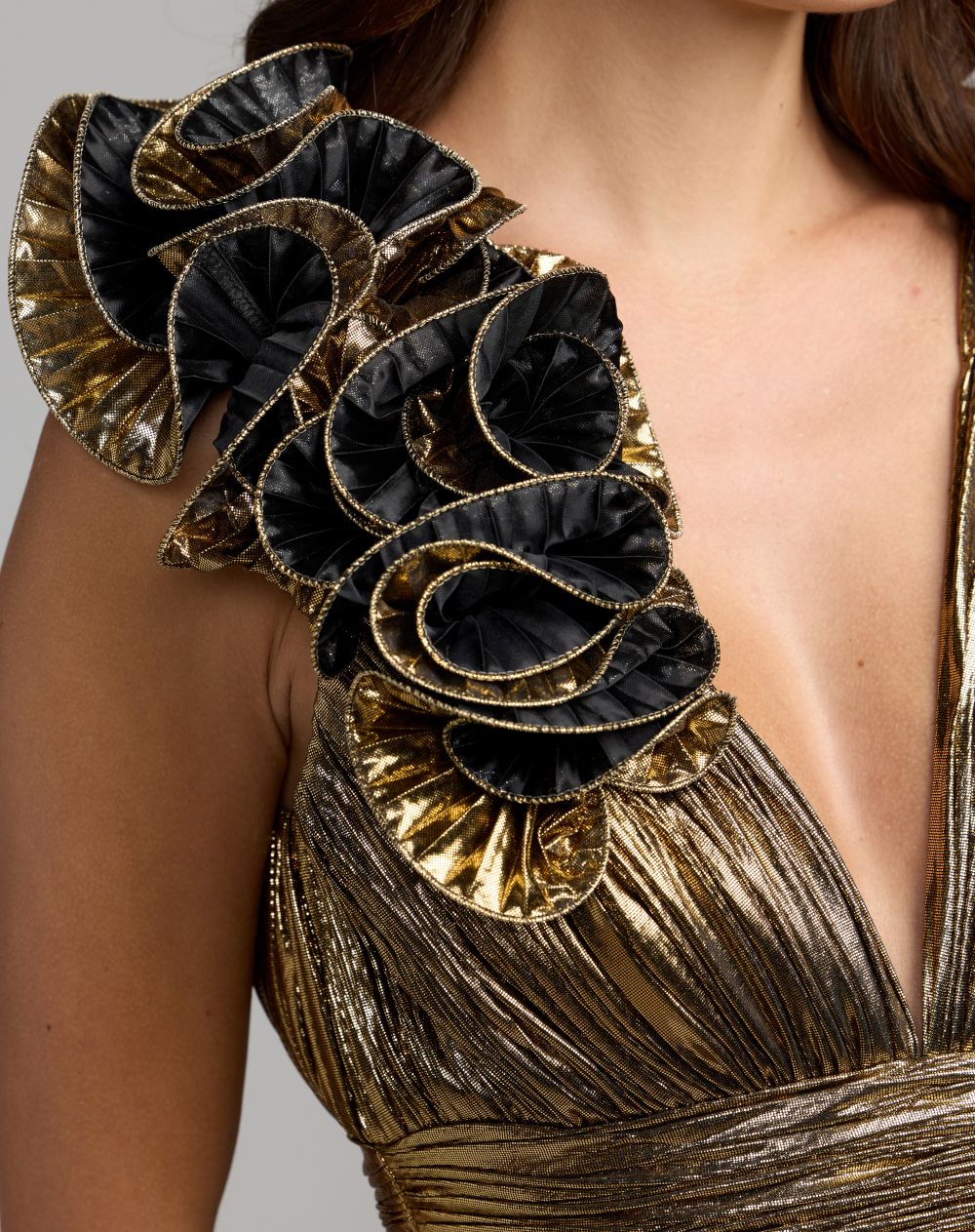 Gold Metallic Sleeveless V-Neck Gown With Ruffle Detail - Ieena for Mac Dugga