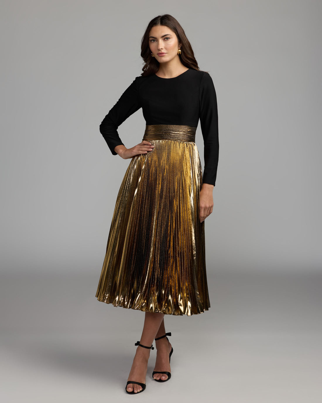 Black Gold Long Sleeve Pleated Midi Dress Ieena for Mac Duggal