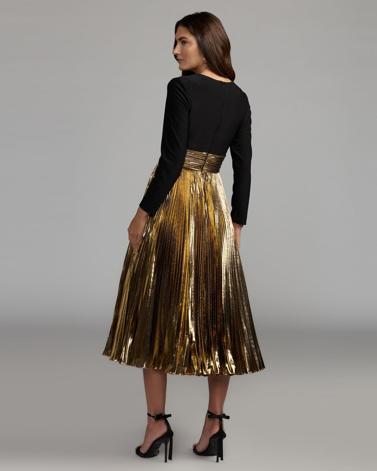 Black Gold Long Sleeve Pleated Midi Dress Ieena for Mac Duggal