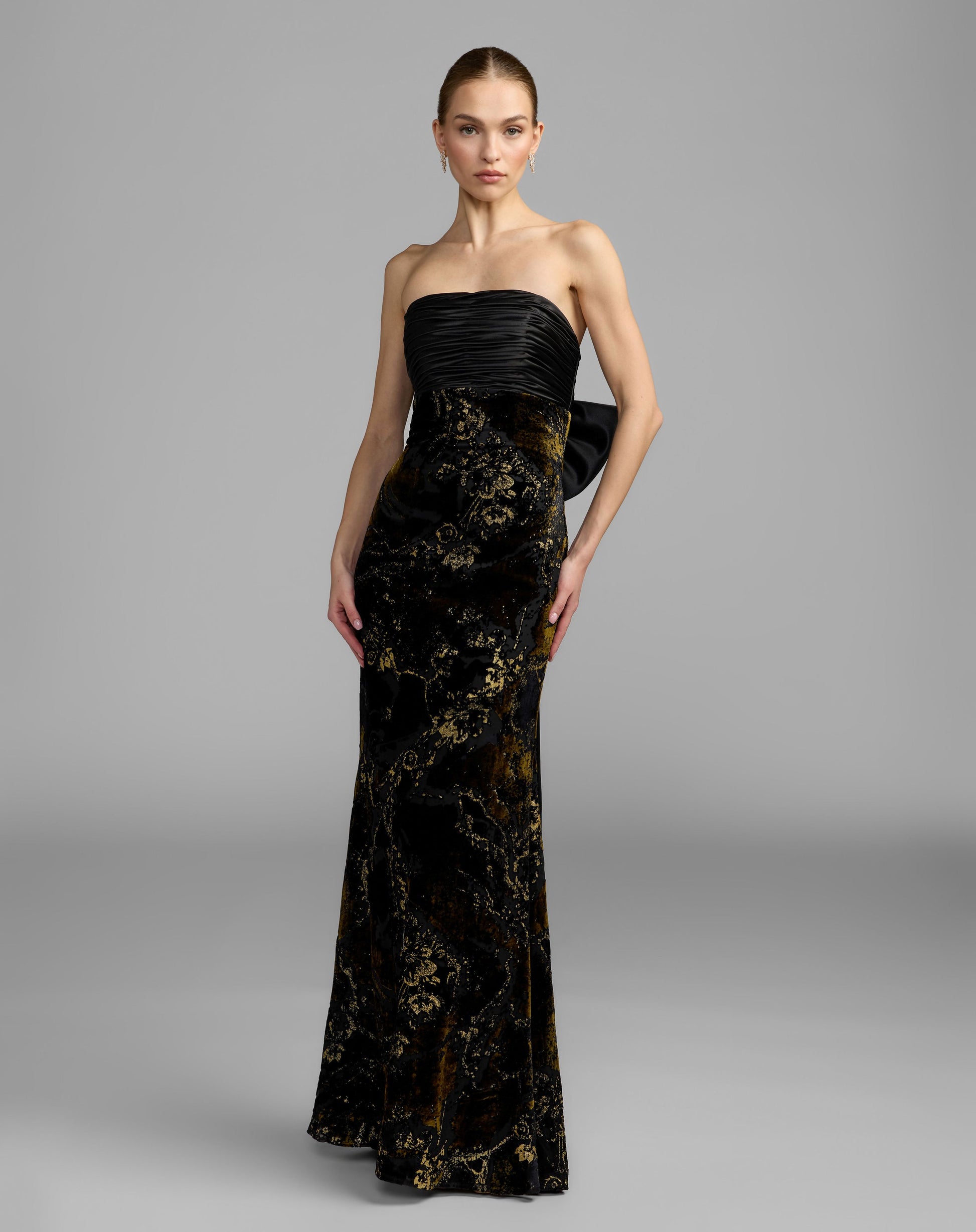 Black Satin And Velvet Strapless Gown With Bow - Ieena for Mac Duggal