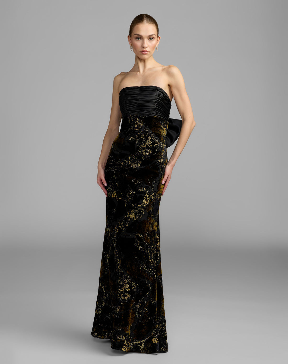 Black Satin And Velvet Strapless Gown With Bow - Ieena for Mac Duggal