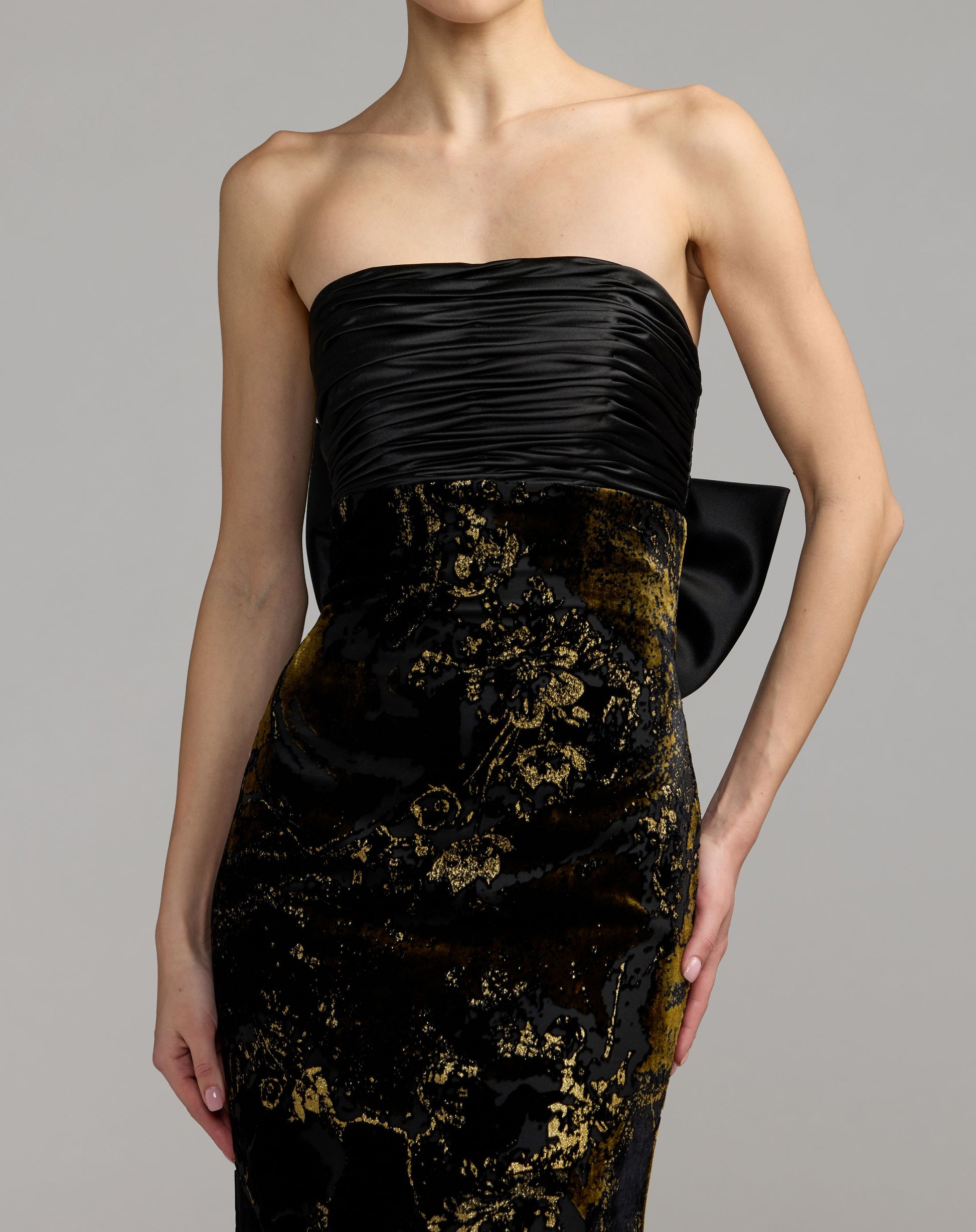 Black Satin And Velvet Strapless Gown With Bow - Ieena for Mac Duggal