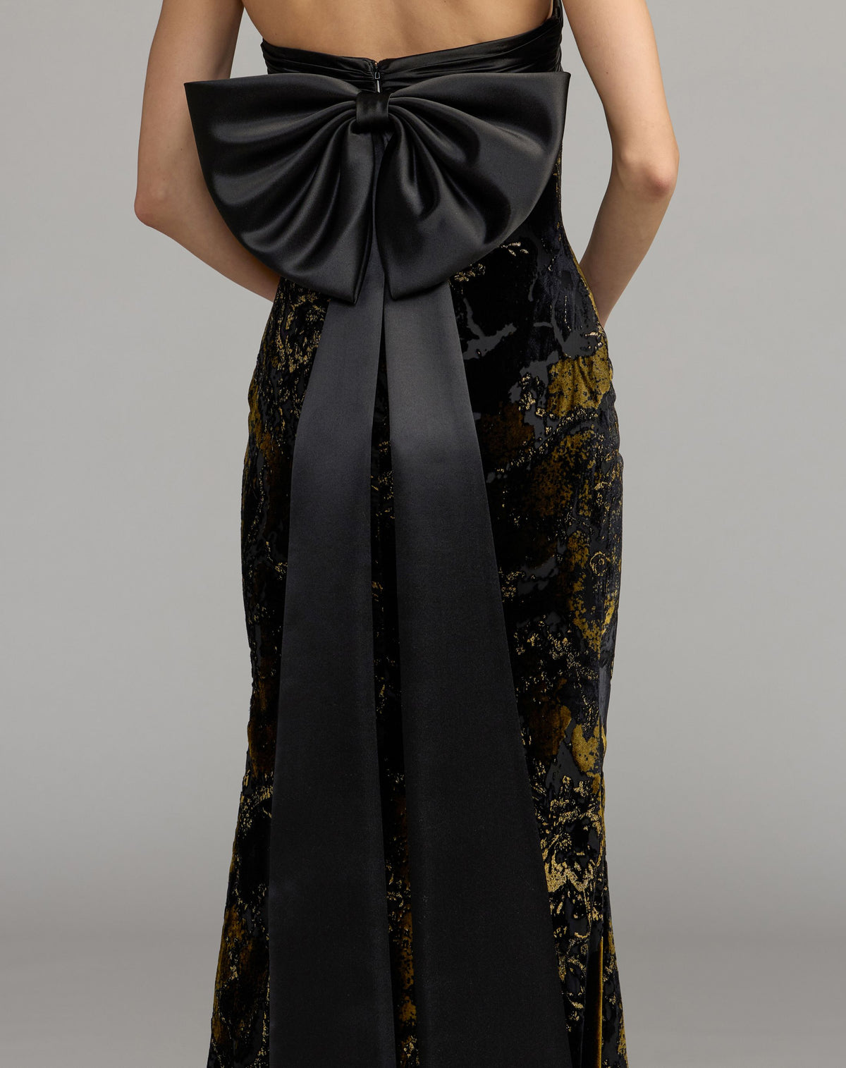 Black Satin And Velvet Strapless Gown With Bow - Ieena for Mac Duggal
