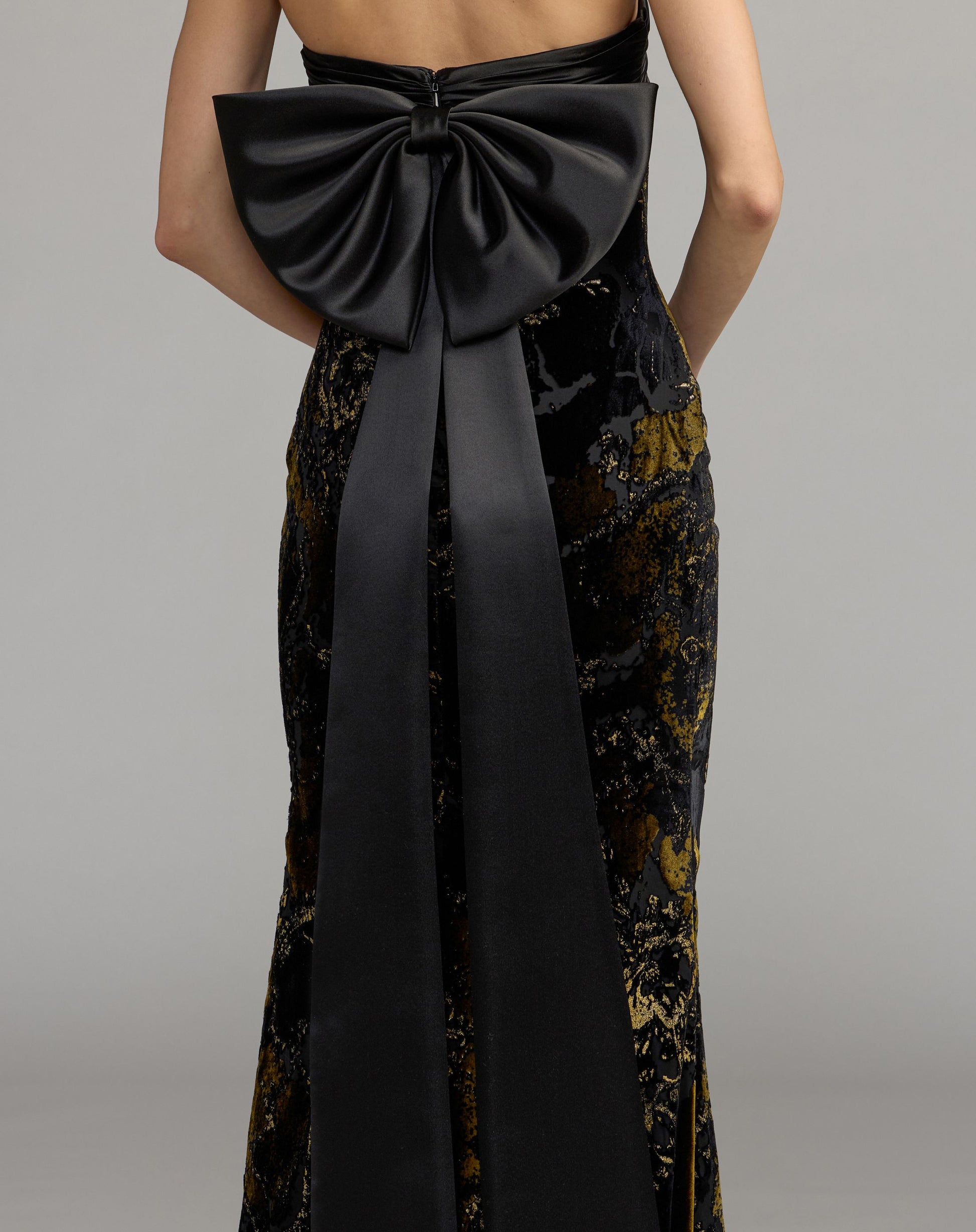 Black Satin And Velvet Strapless Gown With Bow - Ieena for Mac Duggal