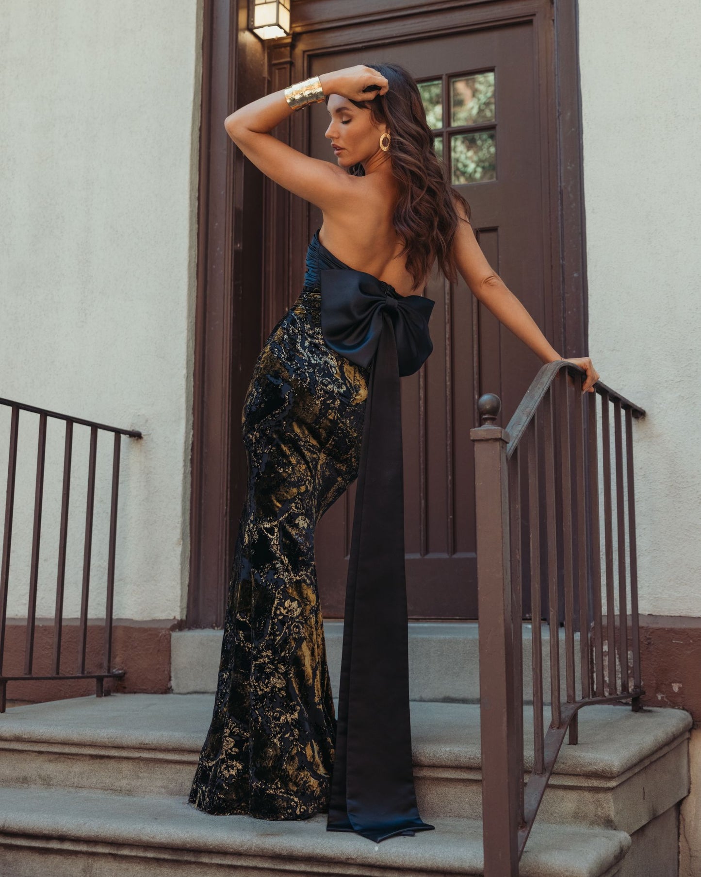 Black Satin And Velvet Strapless Gown With Bow - Ieena for Mac Duggal