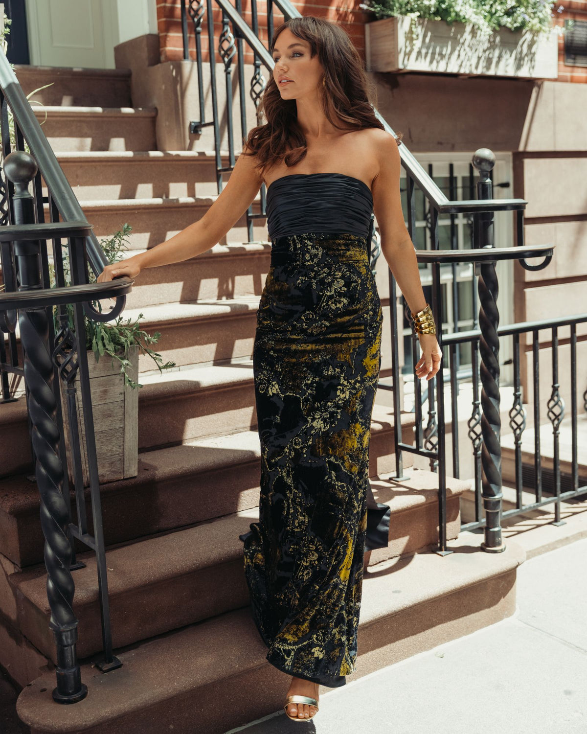 Black Satin And Velvet Strapless Gown With Bow - Ieena for Mac Duggal